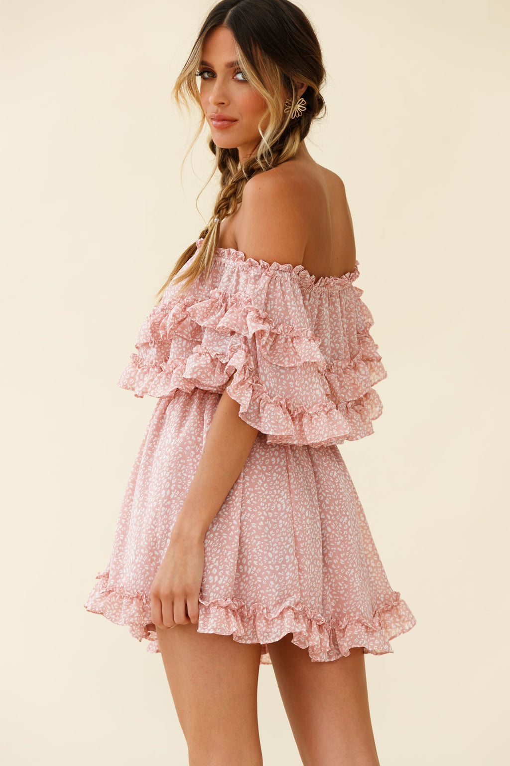 Meet Me At Sunset Bardot Neckline Frill Trim Dress Speckle Print Pink by Selfie Leslie