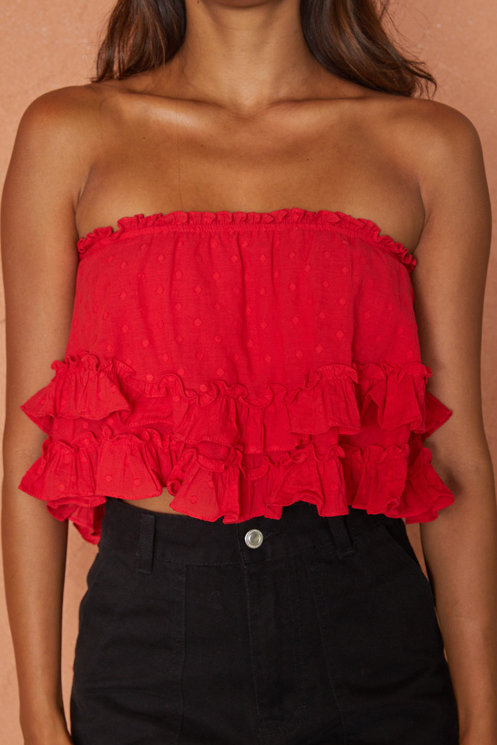 Meet Me At Sunset Frill Trim Bandeau Top Red by Selfie Leslie