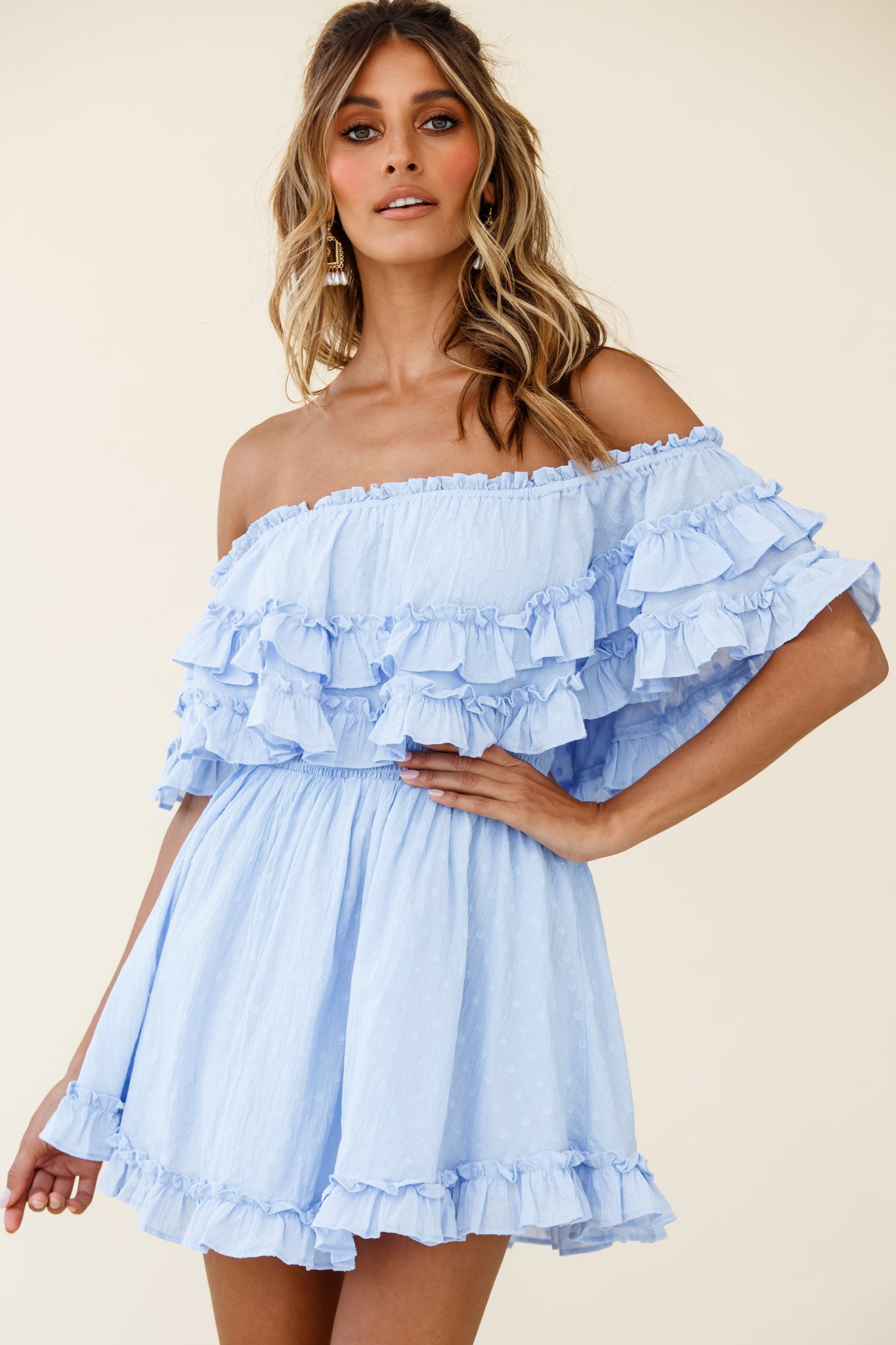 Meet Me At Sunset Bardot Neckline Frill Trim Dress Spotty Steel Blue by Selfie Leslie