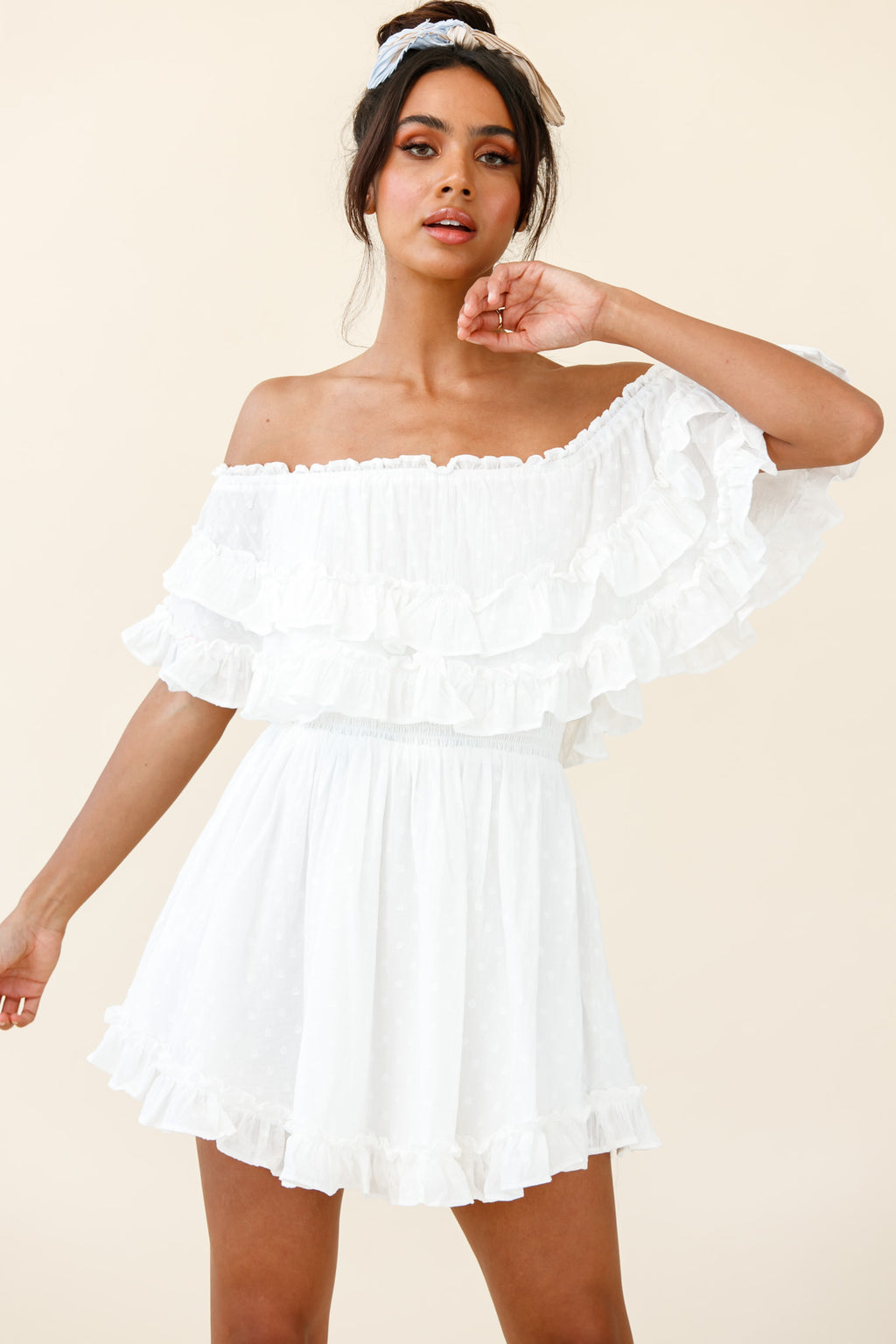 Meet Me At Sunset Bardot Neckline Frill Trim Dress Spotty White by Selfie Leslie