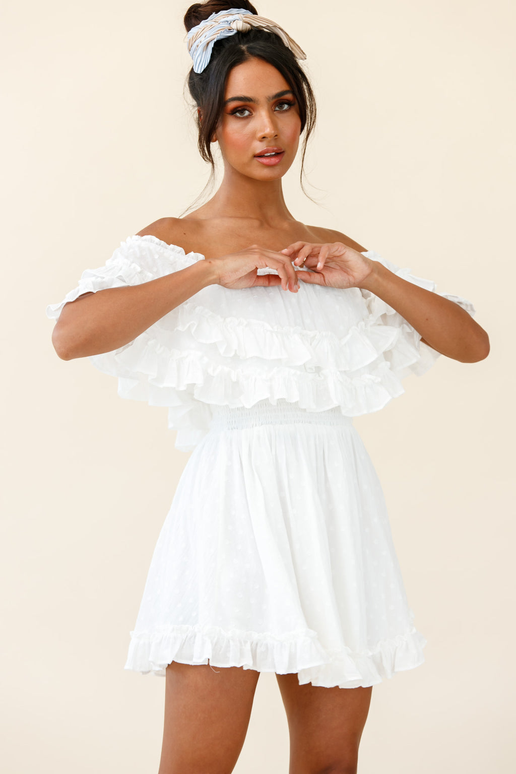 Meet Me At Sunset Bardot Neckline Frill Trim Dress Spotty White by Selfie Leslie