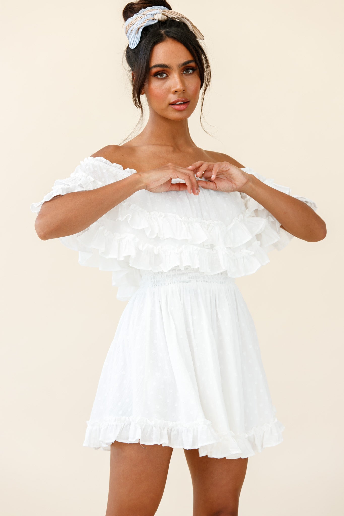 Meet Me At Sunset Bardot Neckline Frill Trim Dress Spotty White by Selfie Leslie