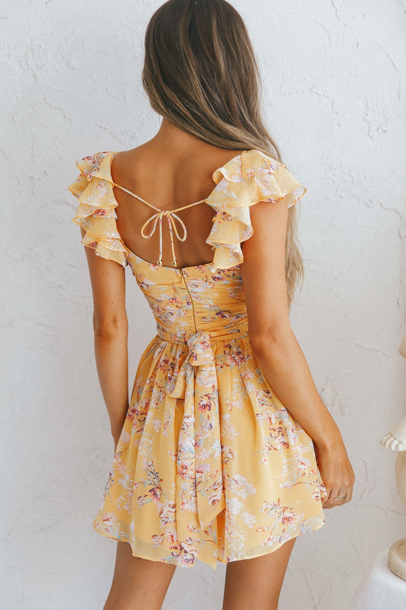 Lola Ruffle Shoulder Ruched Dress Floral Print Yellow by Selfie Leslie