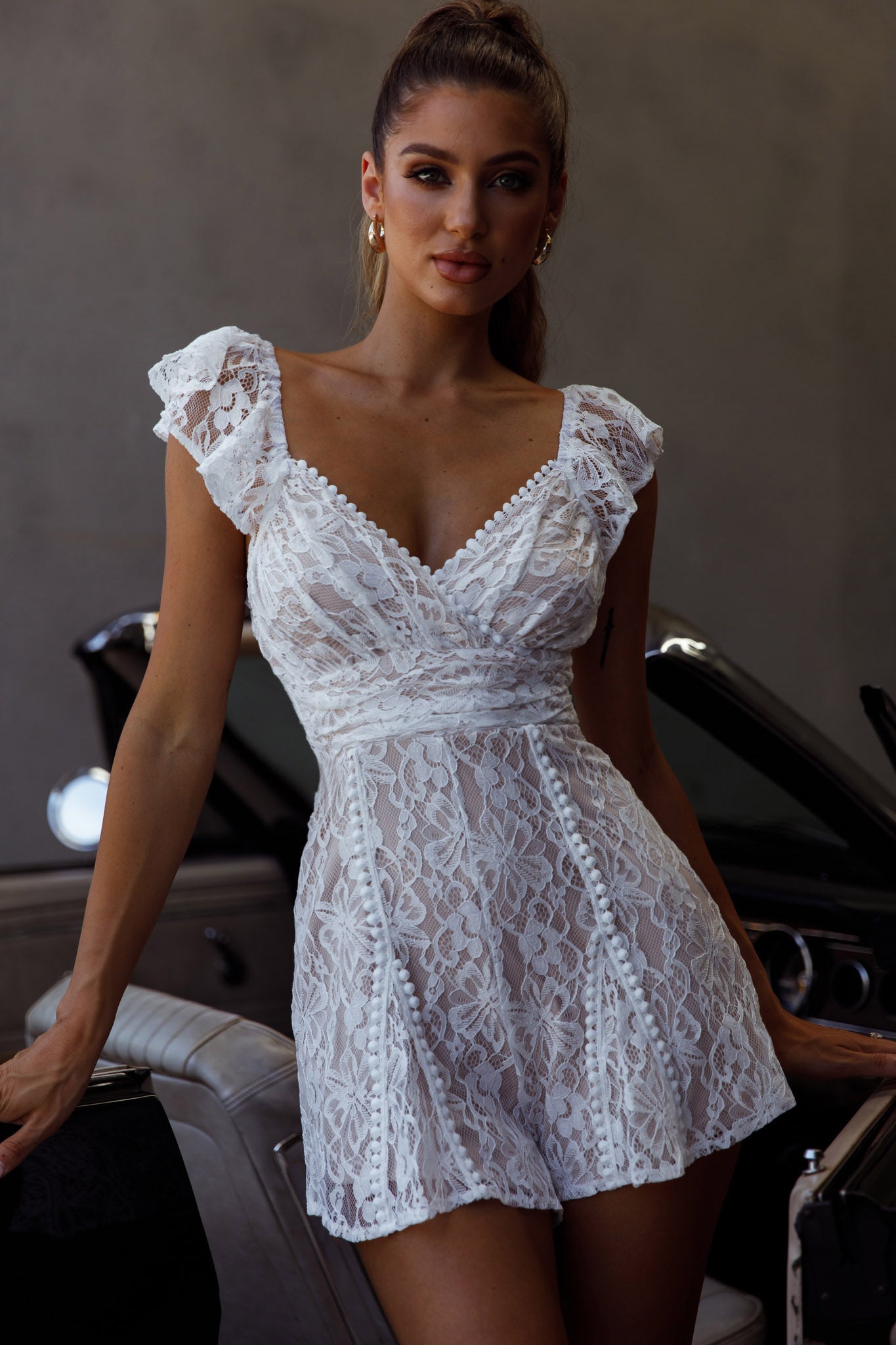 Lola Tied Back Lace Romper White | Selfie Leslie Lola Tied Back Lace Romper White | Selfie Leslie