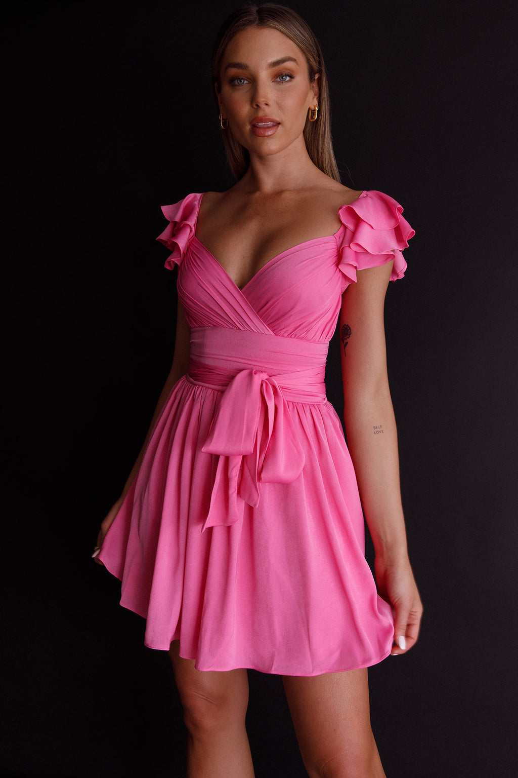 Lola Ruffle Shoulder Ruched Dress Hot Pink by Selfie Leslie
