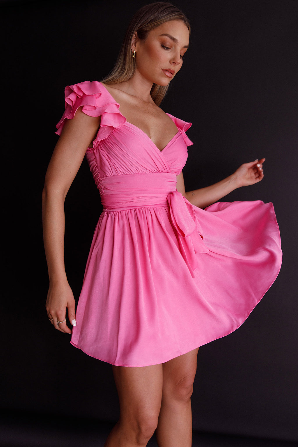Lola Ruffle Shoulder Ruched Dress Hot Pink by Selfie Leslie