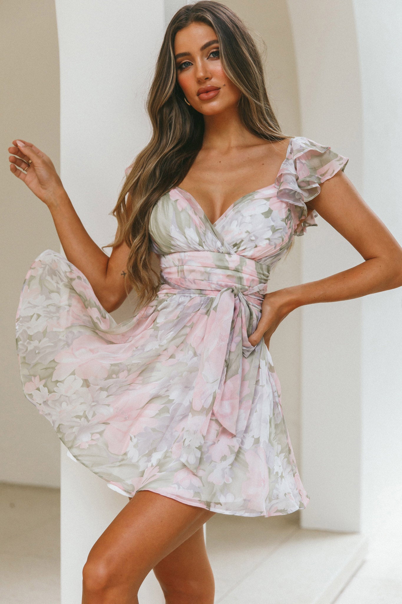 Lola Ruffle Shoulder Ruched Dress Watercolor Floral Pink Multi by Selfie Leslie