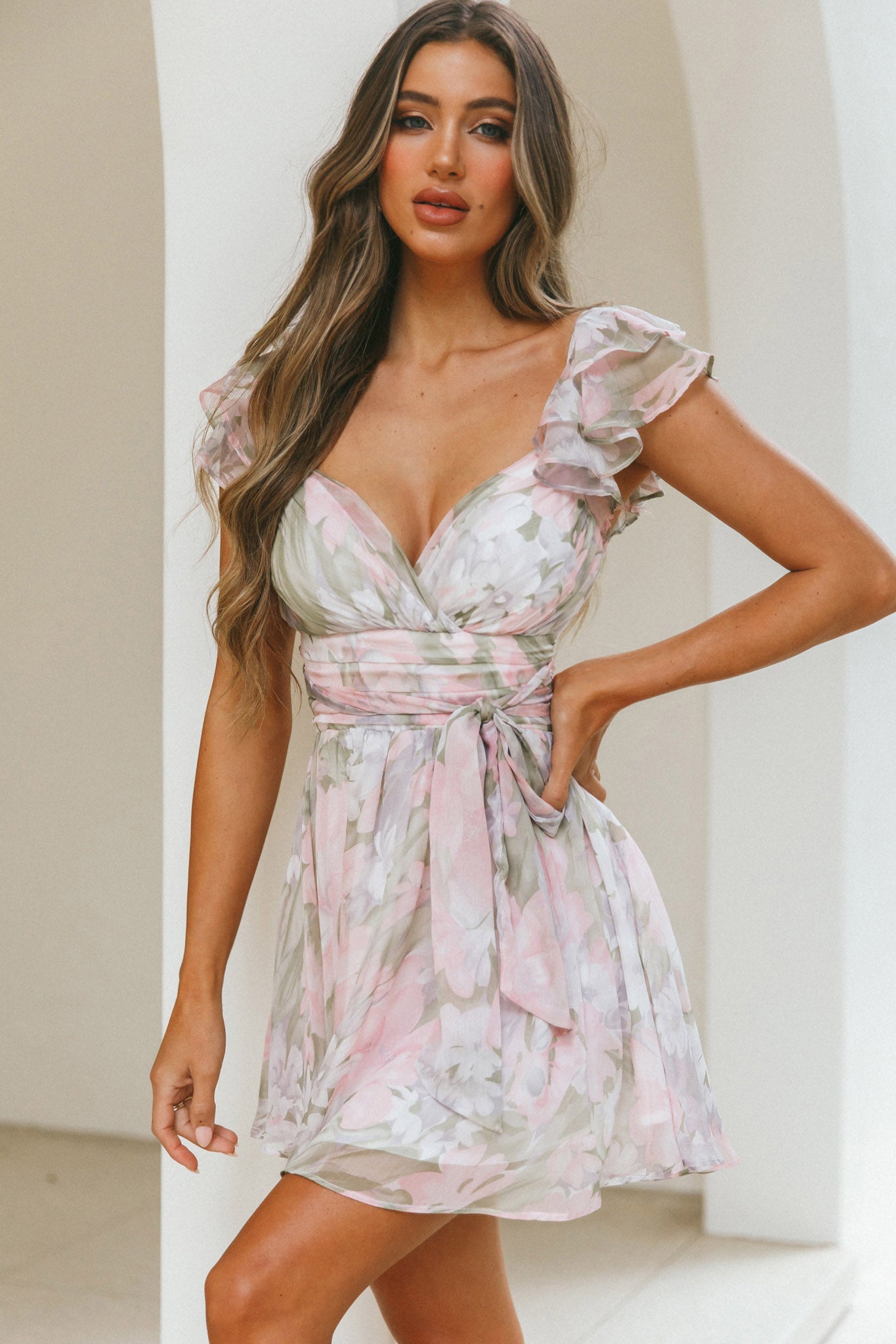 Lola Ruffle Shoulder Ruched Dress Watercolor Floral Pink Multi by Selfie Leslie