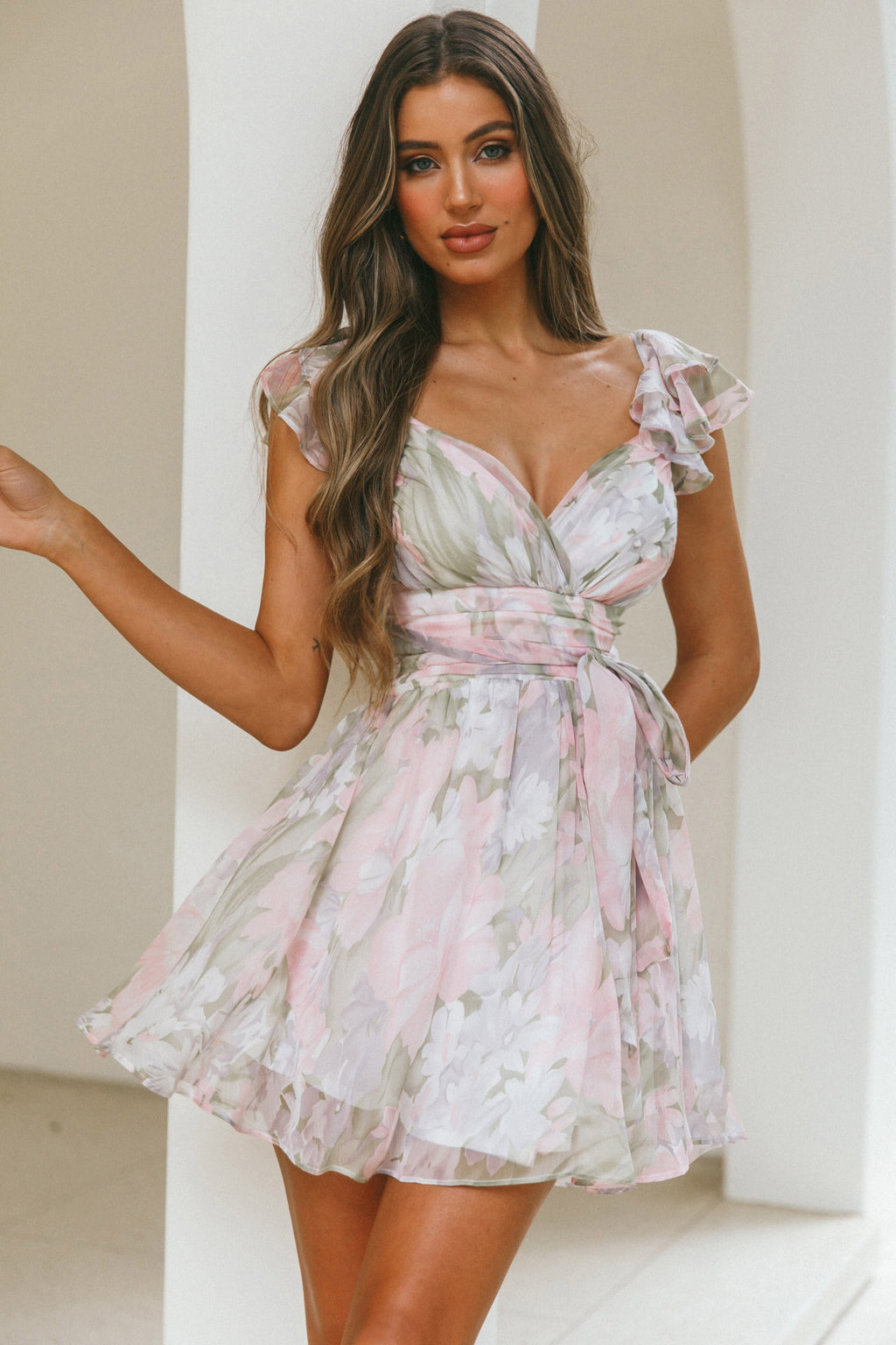 Lola Ruffle Shoulder Ruched Dress Watercolor Floral Pink Multi by Selfie Leslie