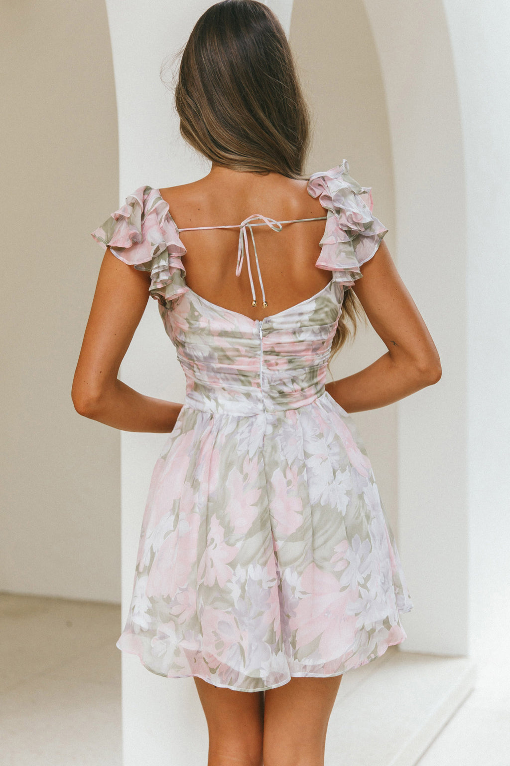 Lola Ruffle Shoulder Ruched Dress Watercolor Floral Pink Multi by Selfie Leslie