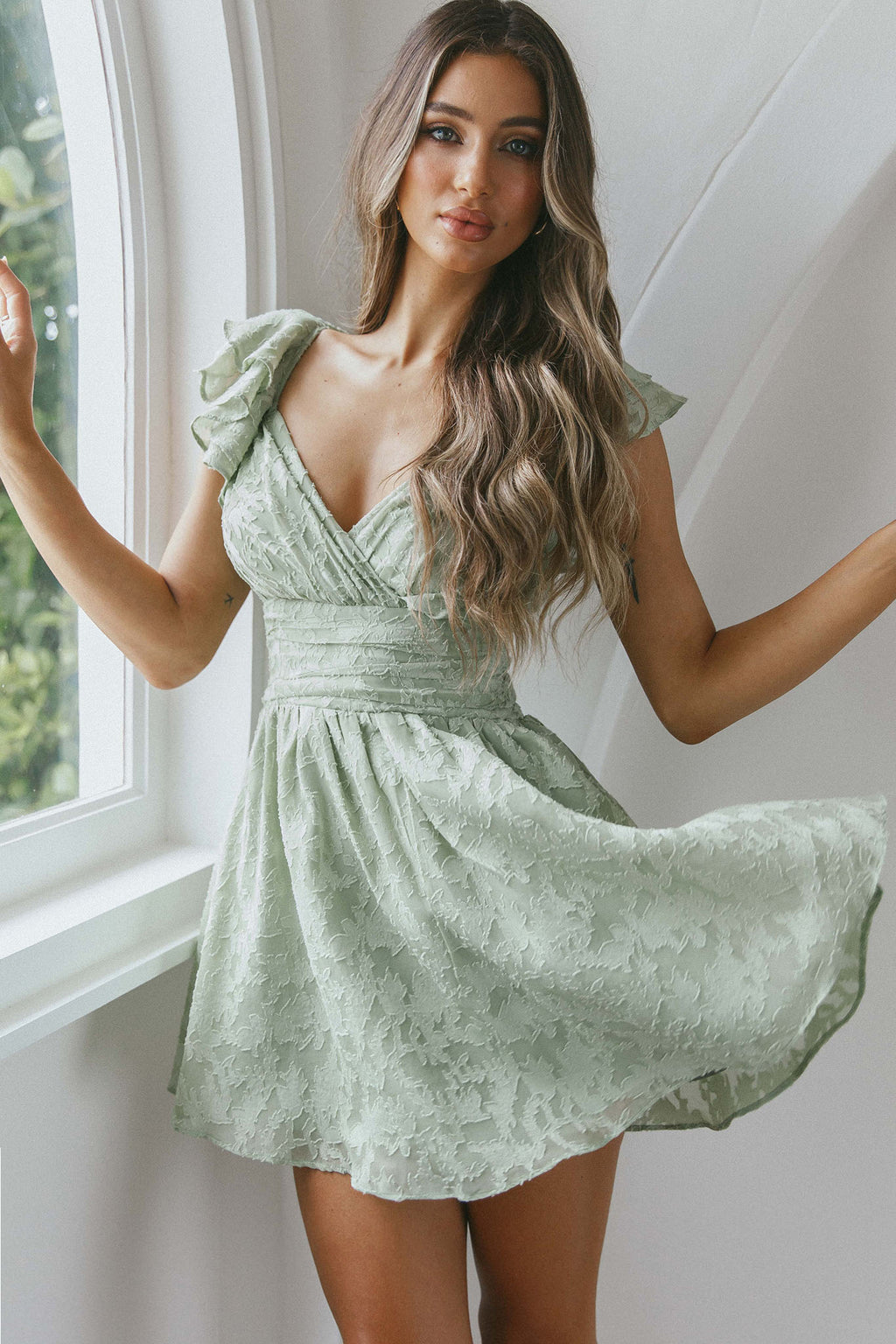 Lola Ruffle Shoulder Ruched Dress Textured Avocado by Selfie Leslie