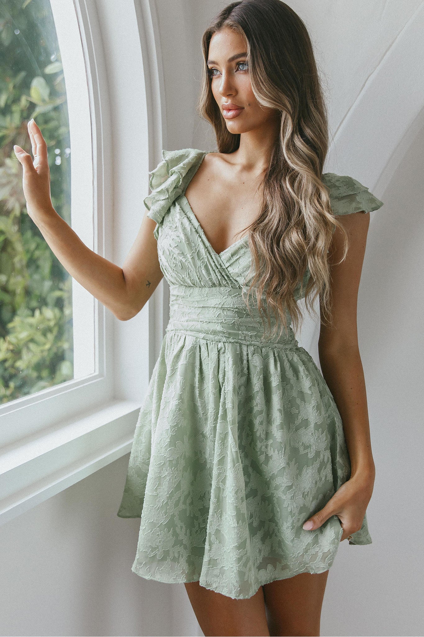 Shop the Lola Ruffle Shoulder Ruched Dress Textured Avocado
