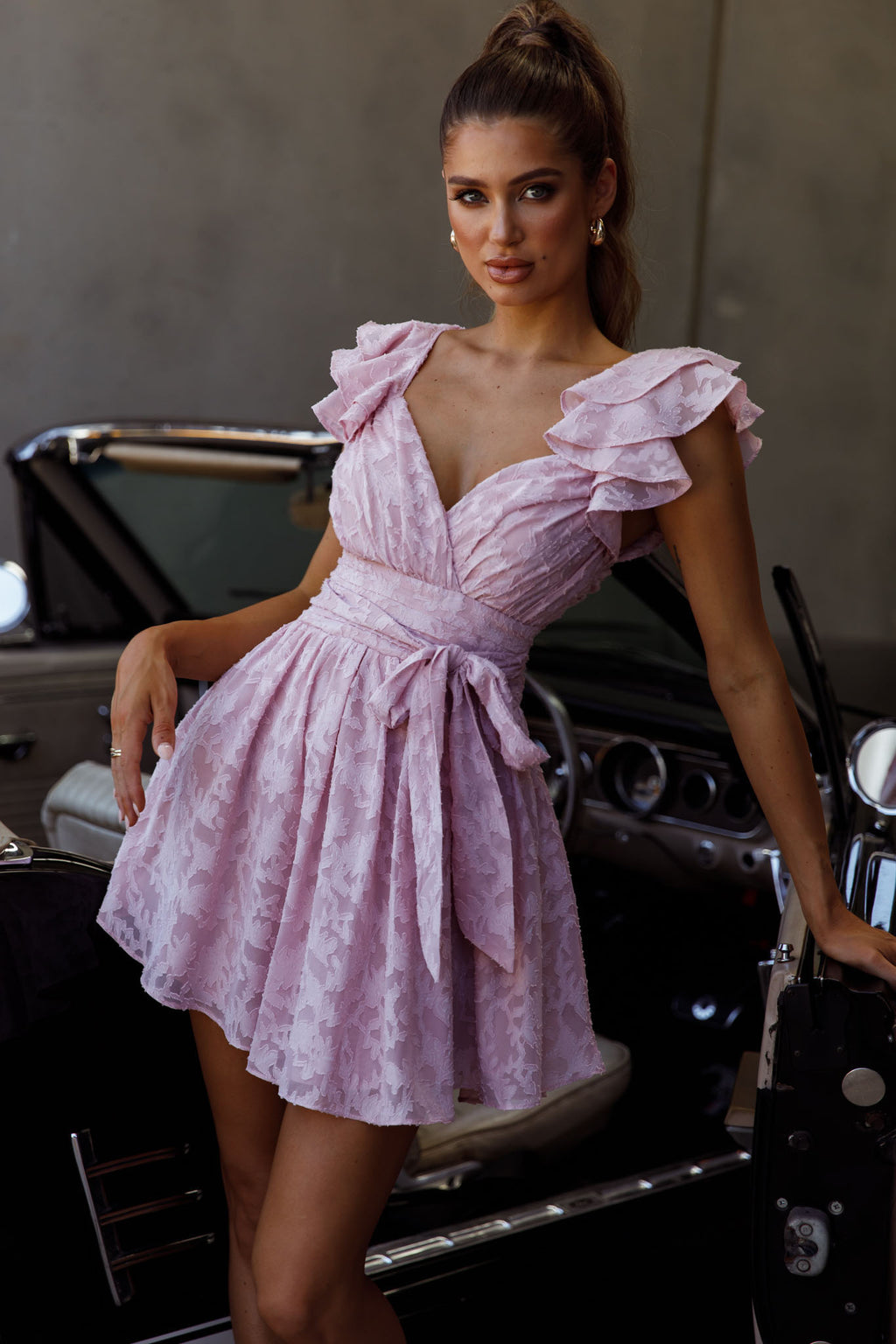 Lola Ruffle Shoulder Ruched Dress Textured Blush by Selfie Leslie