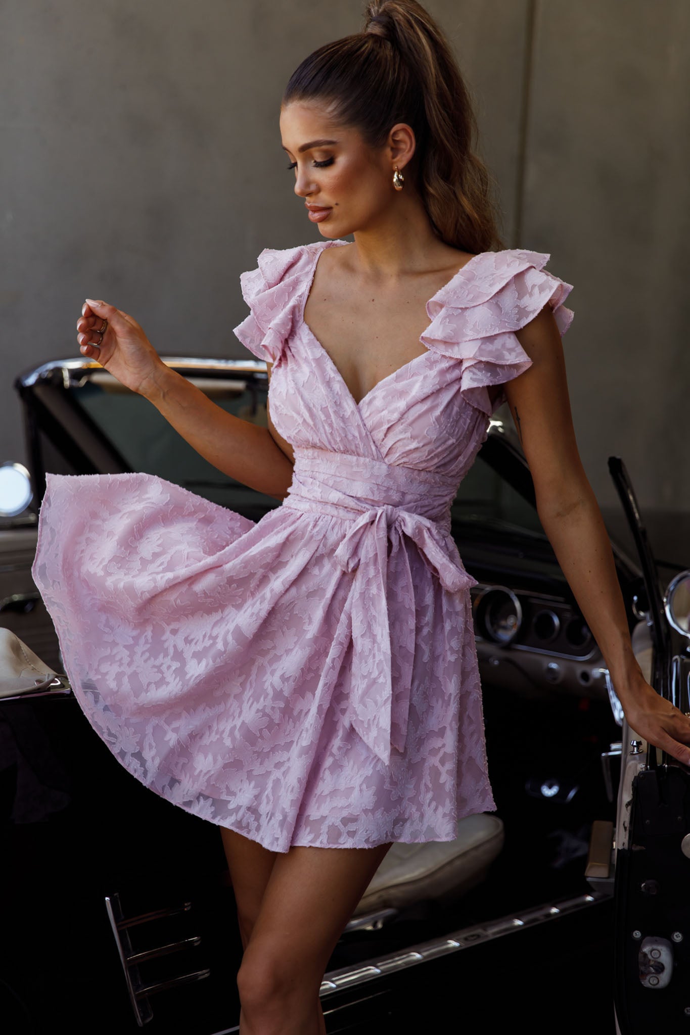Lola Ruffle Shoulder Ruched Dress Textured Blush by Selfie Leslie