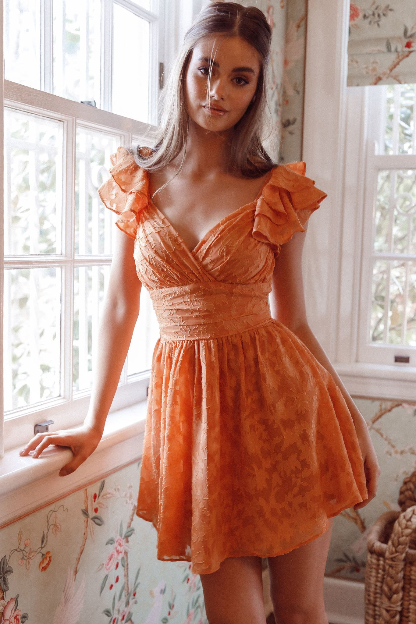 Lola Ruffle Shoulder Ruched Dress Textured Orange by Selfie Leslie