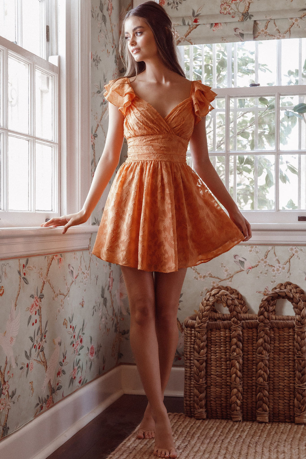 Lola Ruffle Shoulder Ruched Dress Textured Orange by Selfie Leslie