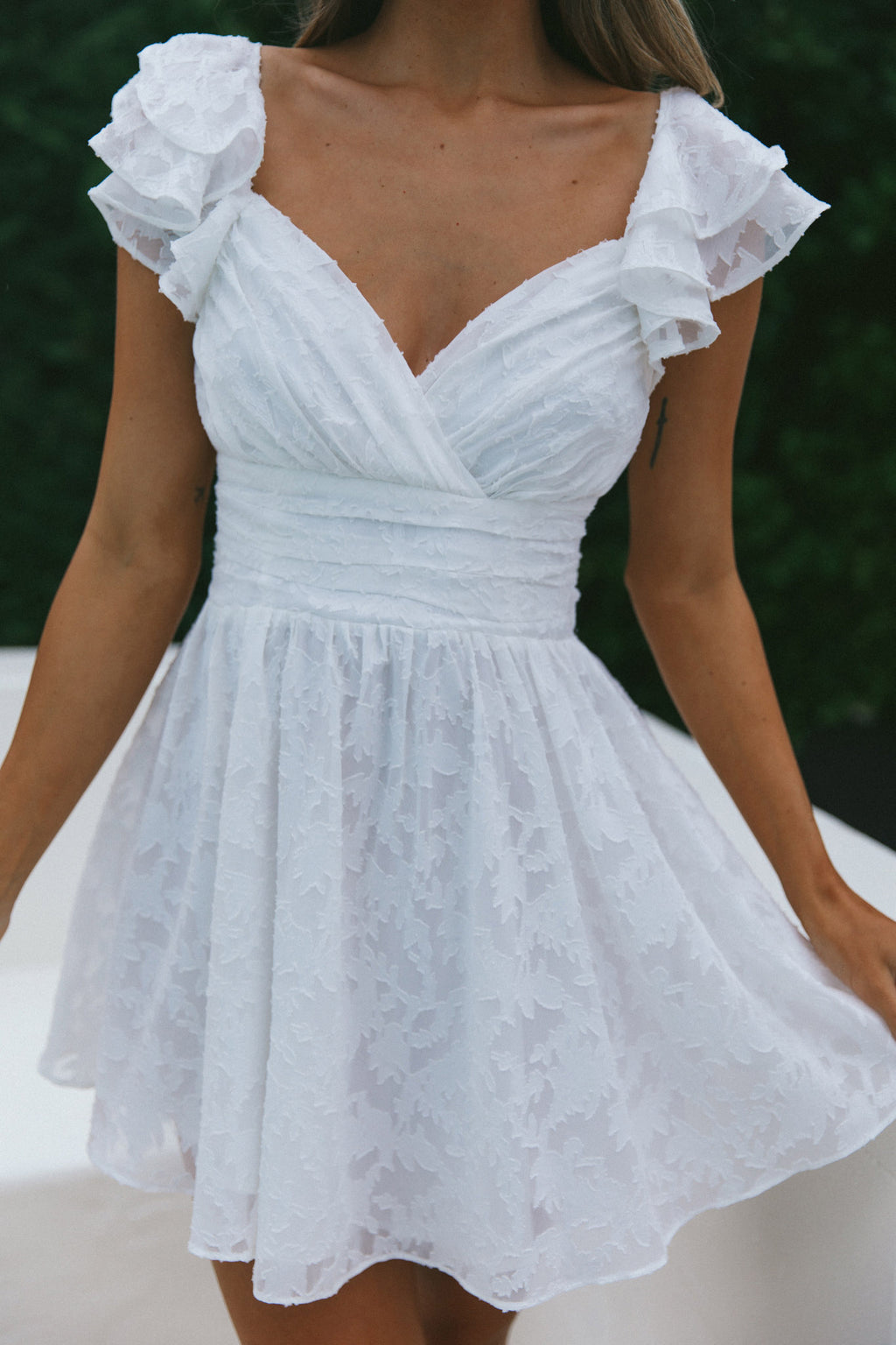 Lola Ruffle Shoulder Ruched Dress Textured White by Selfie Leslie