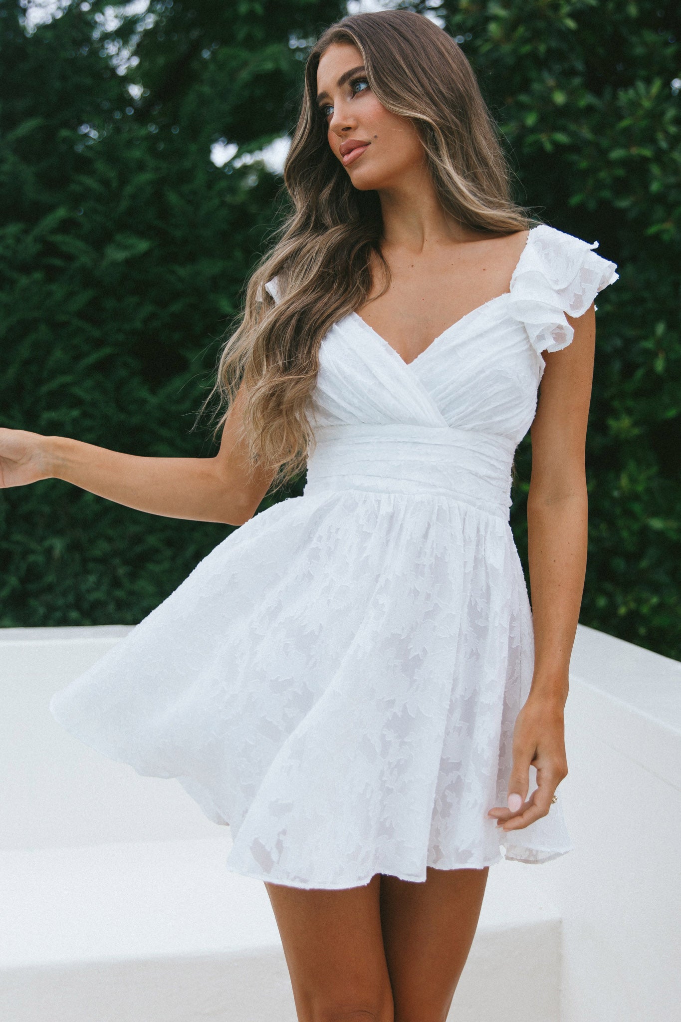 Lola Ruffle Shoulder Ruched Dress Textured White by Selfie Leslie