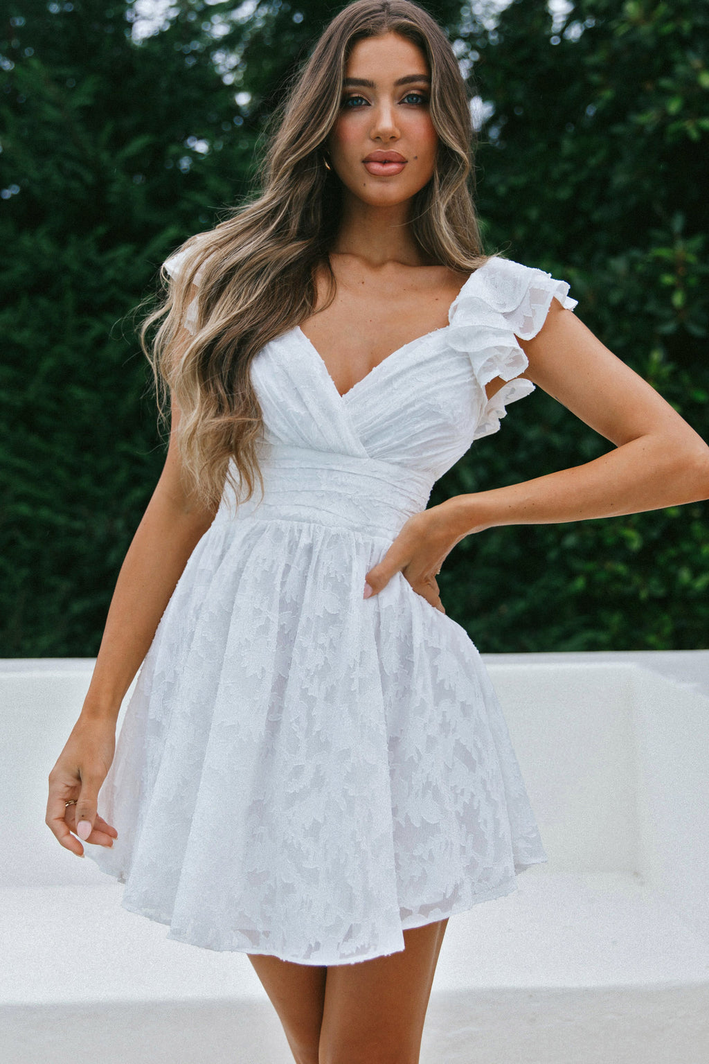 Lola Ruffle Shoulder Ruched Dress Textured White by Selfie Leslie