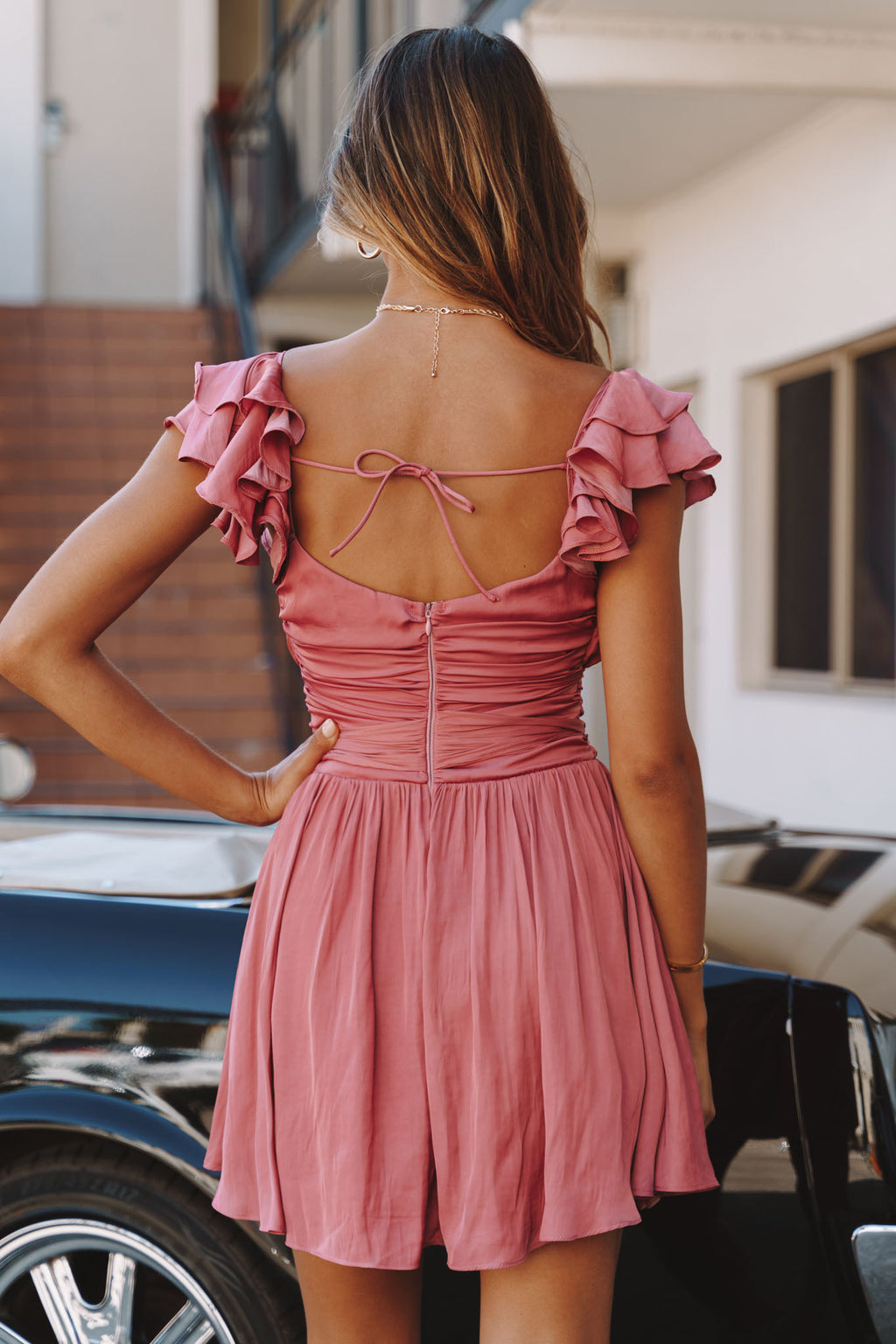Lola Ruffle Shoulder Ruched Dress Rose by Selfie Leslie