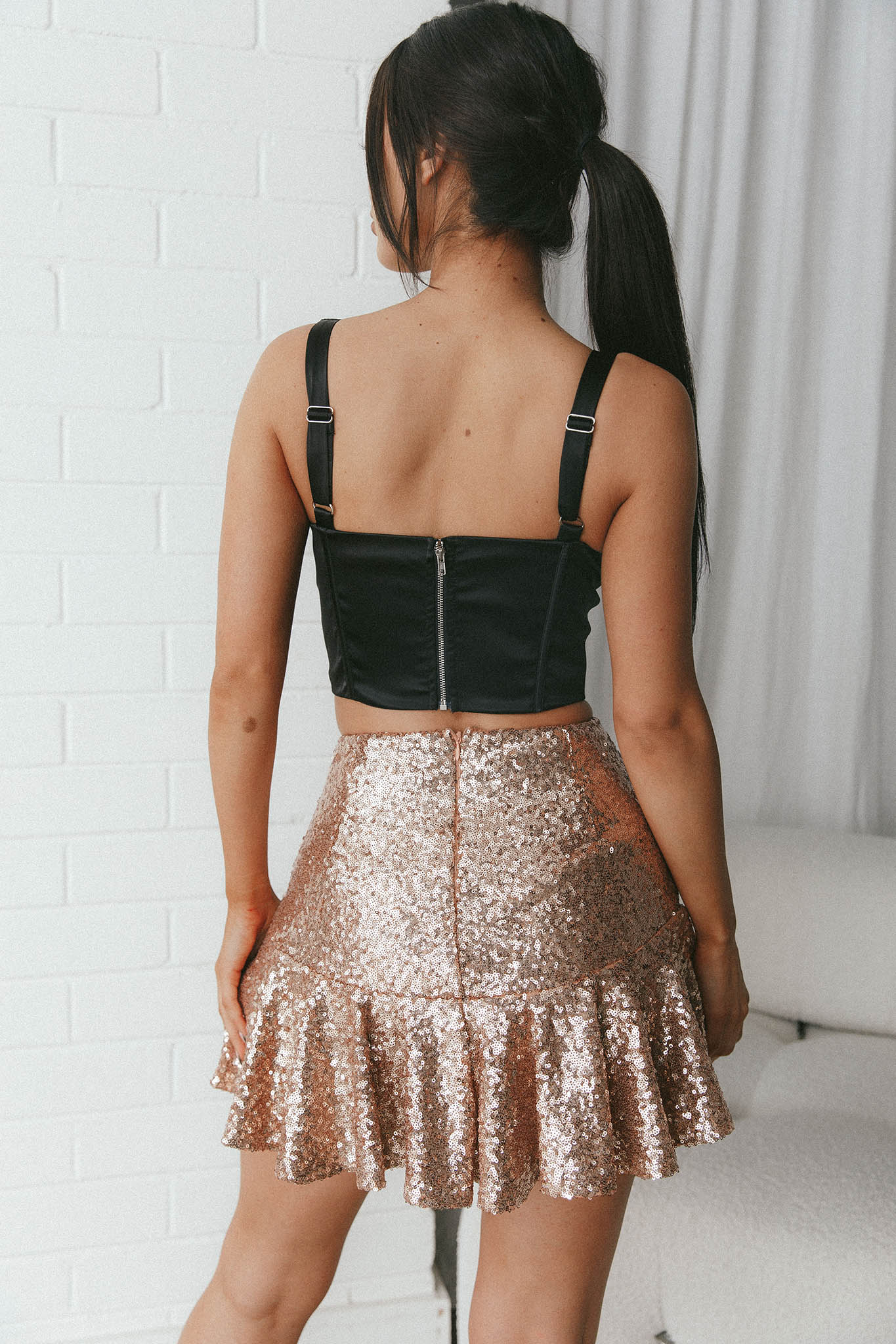 Paparazzi Ruffle Hem Sequin Mini Skirt Rose by Selfie Leslie