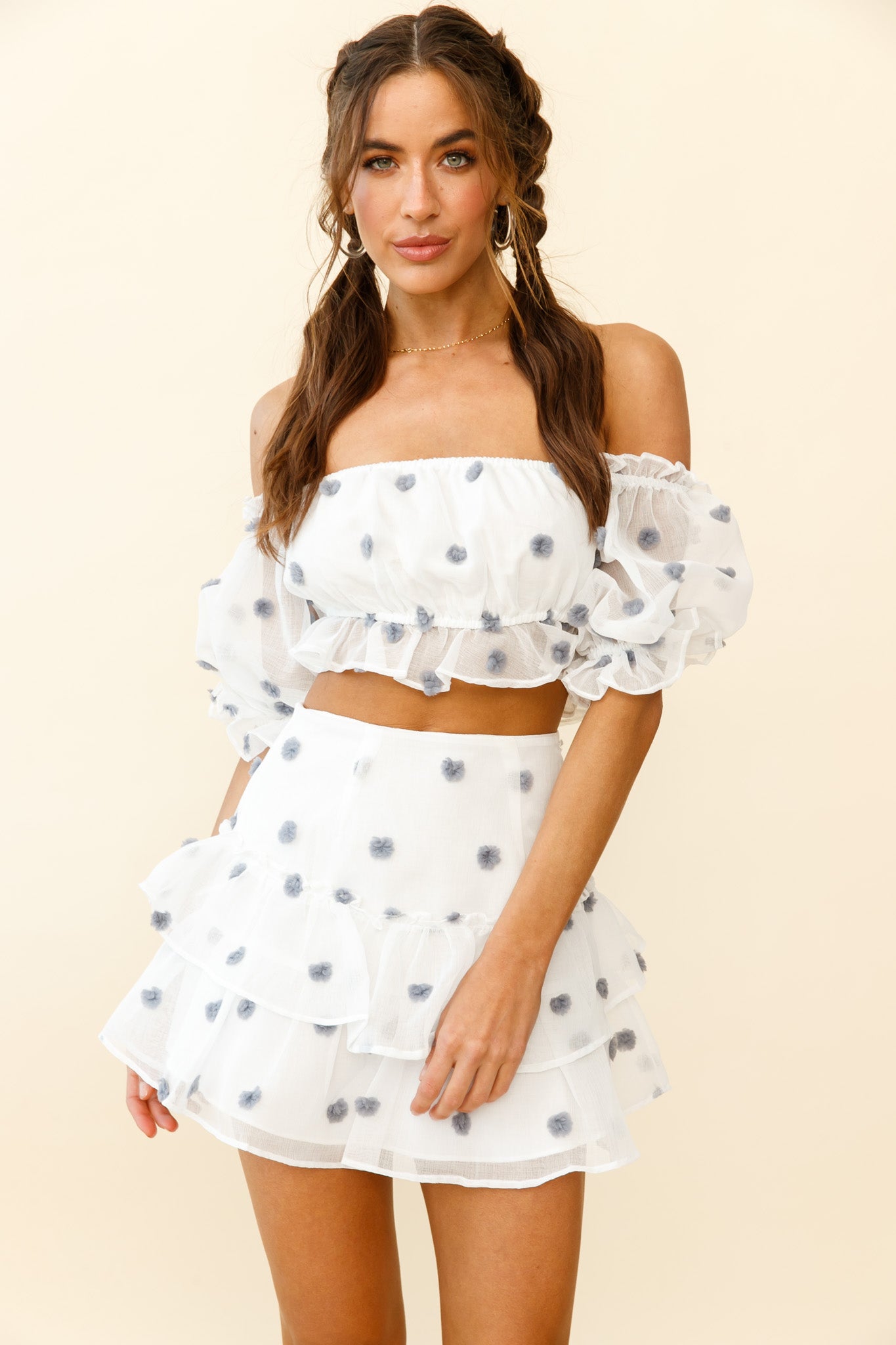 Krista Layered Ruffle Pompom Skirt White/Blue by Selfie Leslie