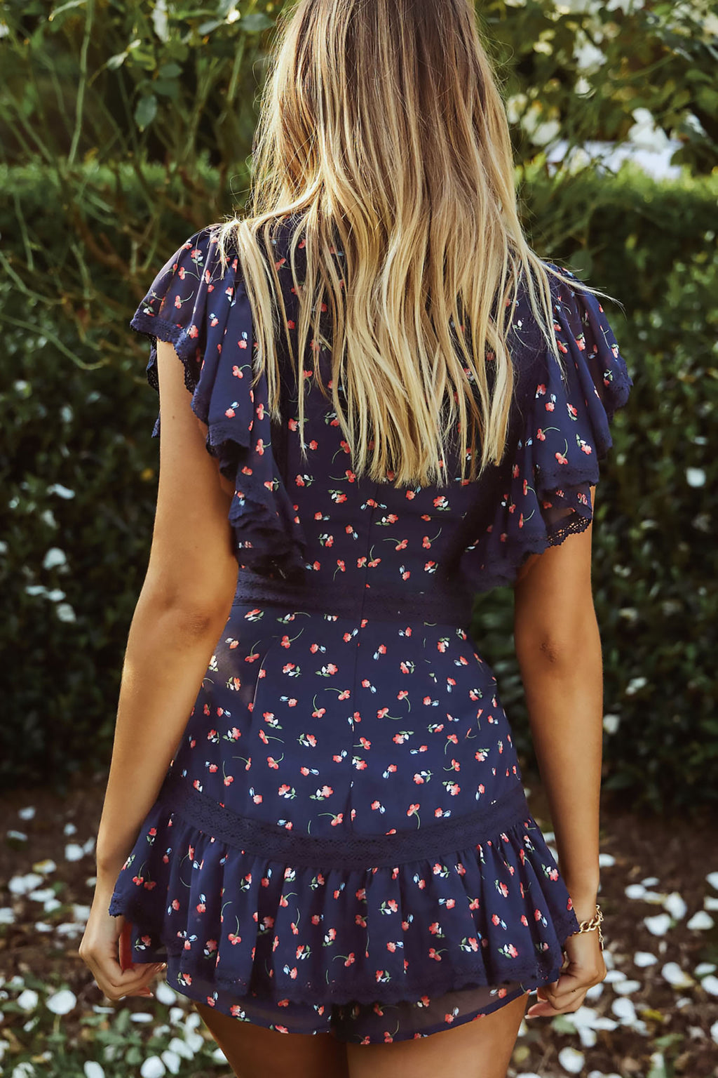 Miss Thing Crochet Trim Ruffle Detail Romper Floral Print Navy by Selfie Leslie