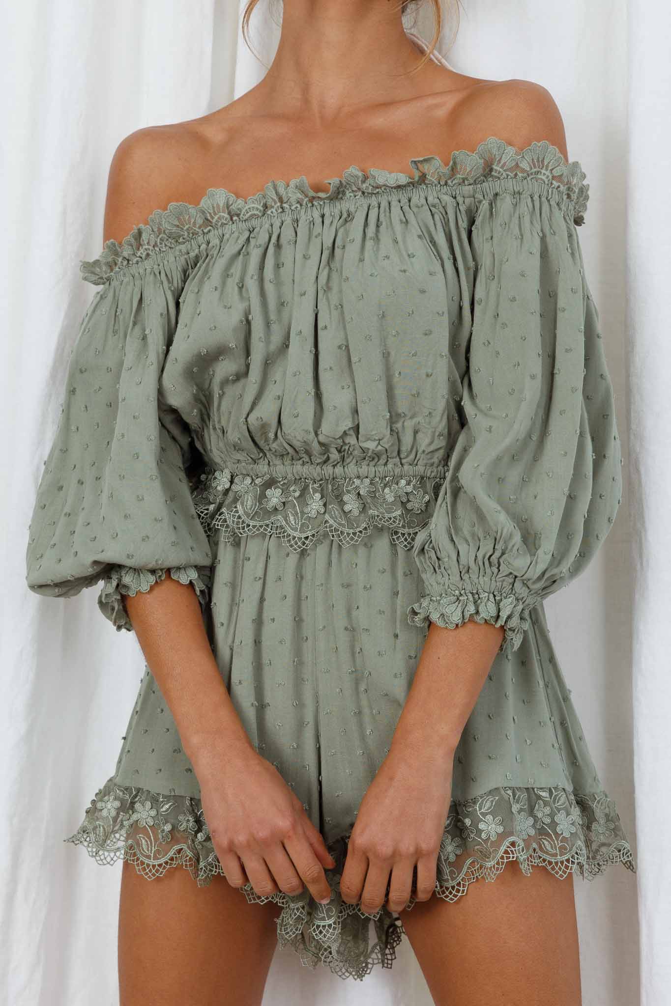 Romilly Scalloped Lace Trim Shorts Olive by Selfie Leslie