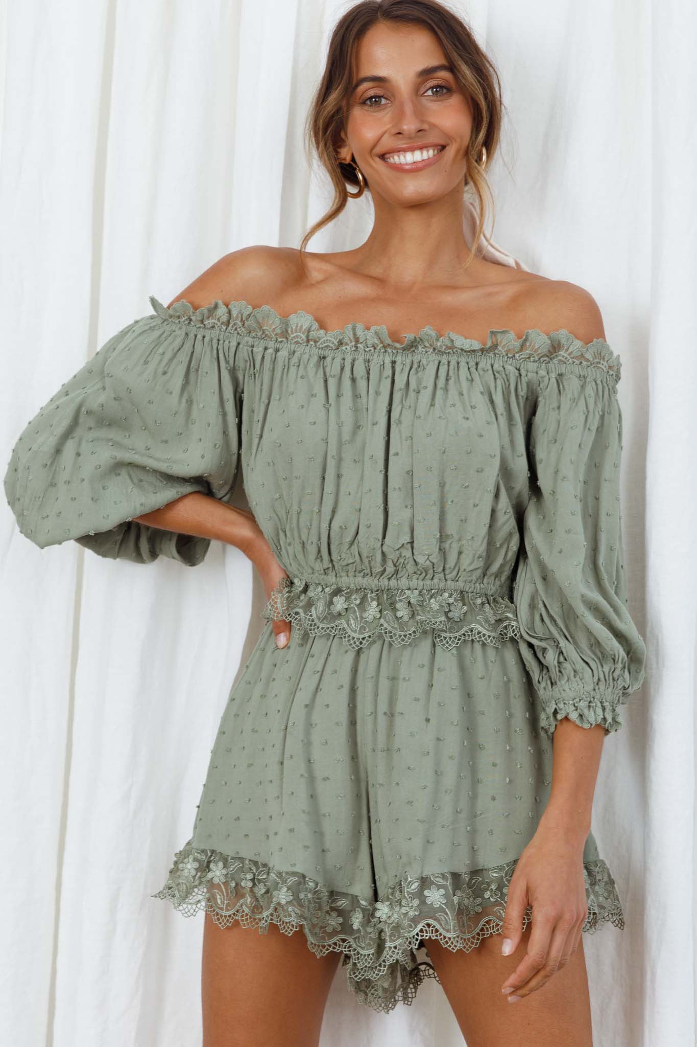 Romilly Scalloped Lace Trim Off-Shoulder Top Olive by Selfie Leslie