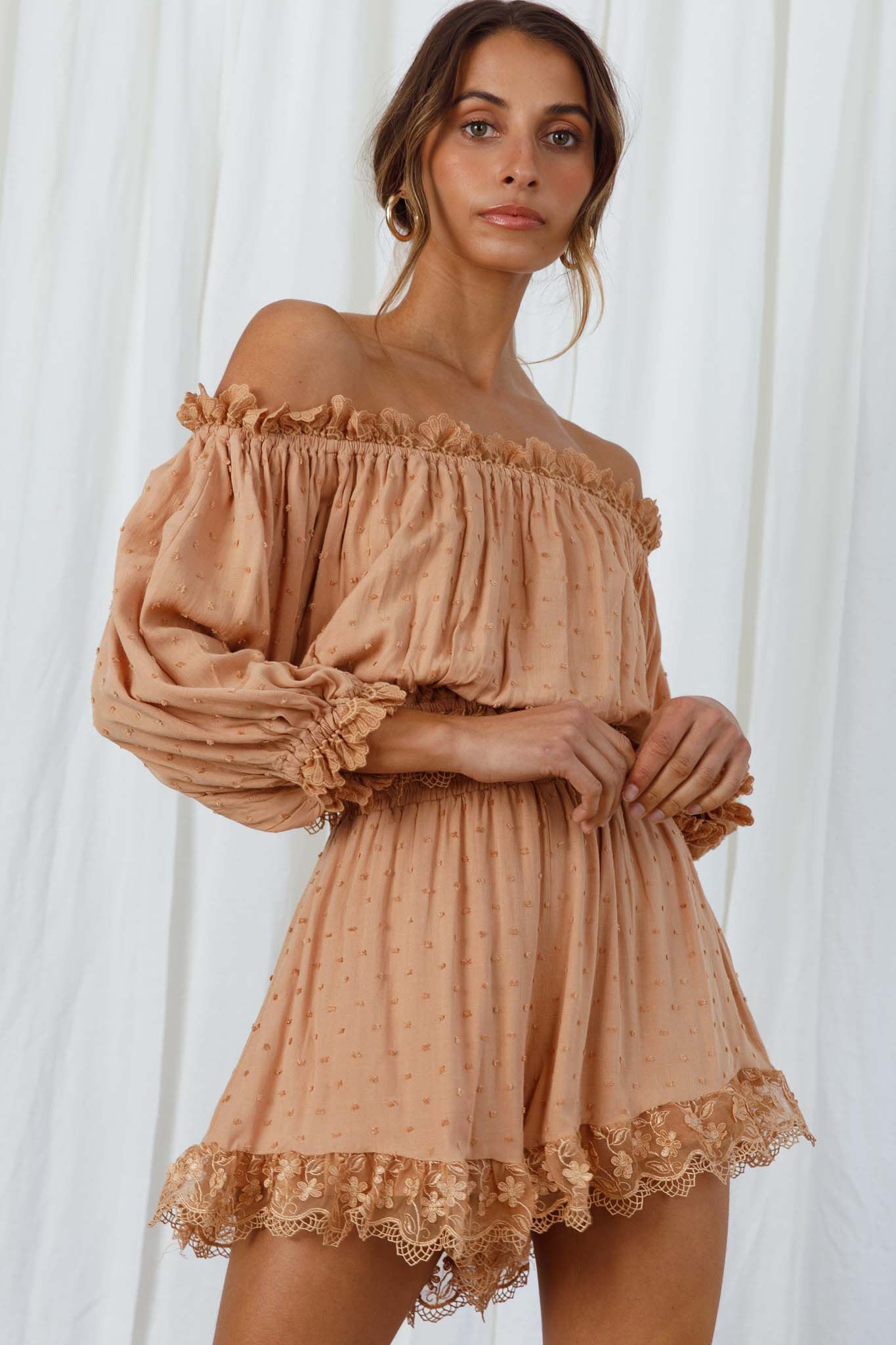Romilly Scalloped Lace Trim Off-Shoulder Top Tan by Selfie Leslie