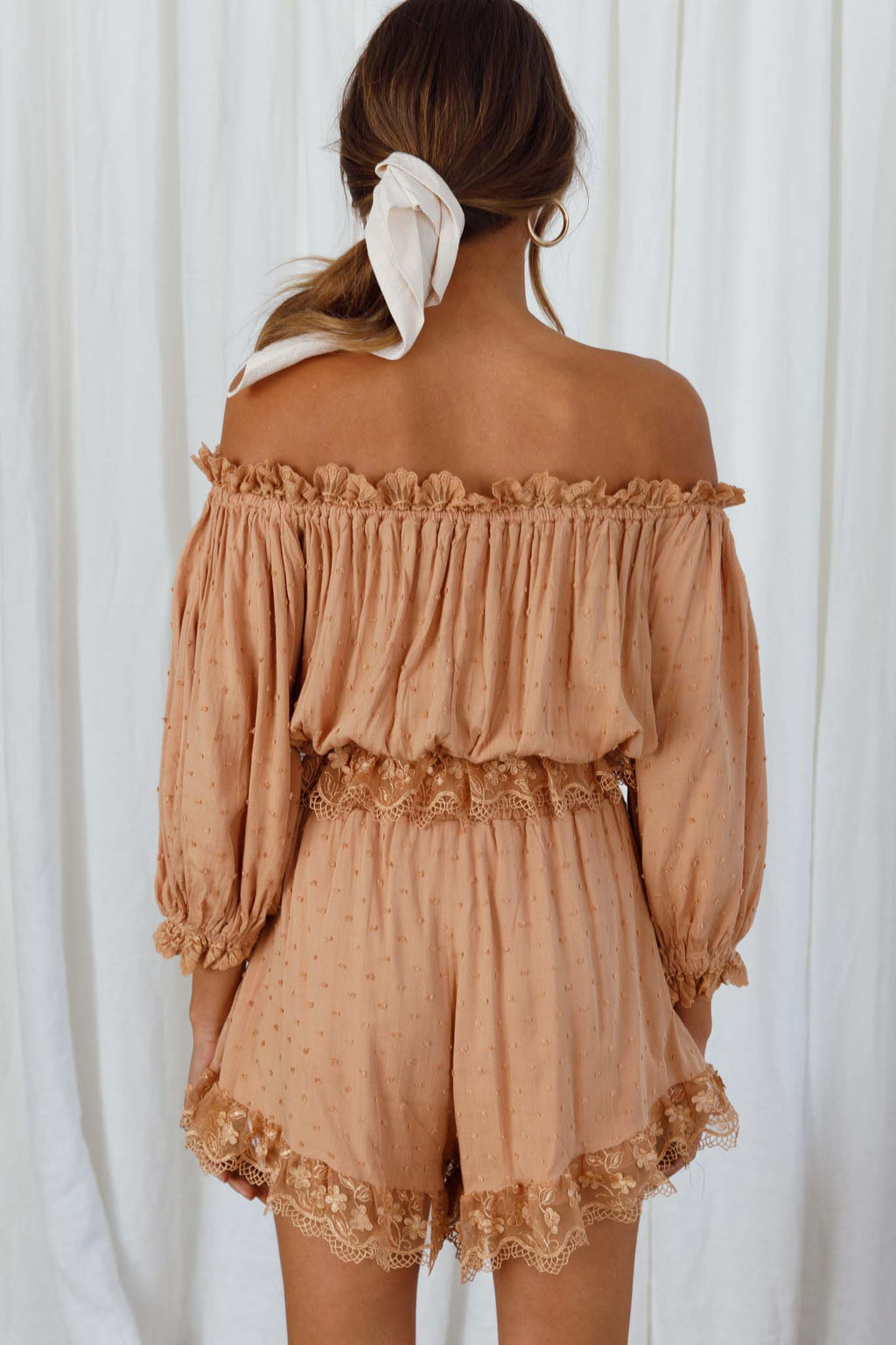 Romilly Scalloped Lace Trim Off-Shoulder Top Tan by Selfie Leslie