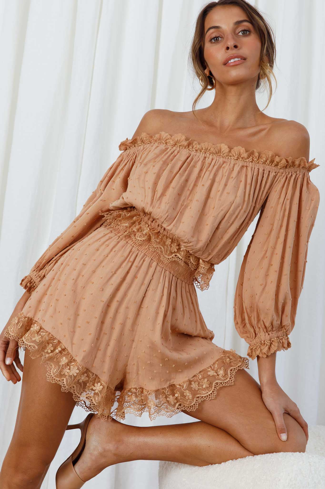 Romilly Scalloped Lace Trim Off-Shoulder Top Tan by Selfie Leslie