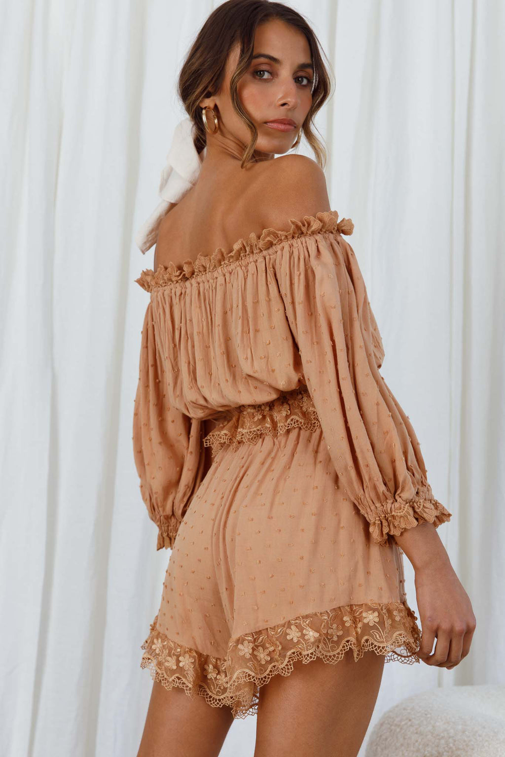 Romilly Scalloped Lace Trim Off-Shoulder Top Tan by Selfie Leslie