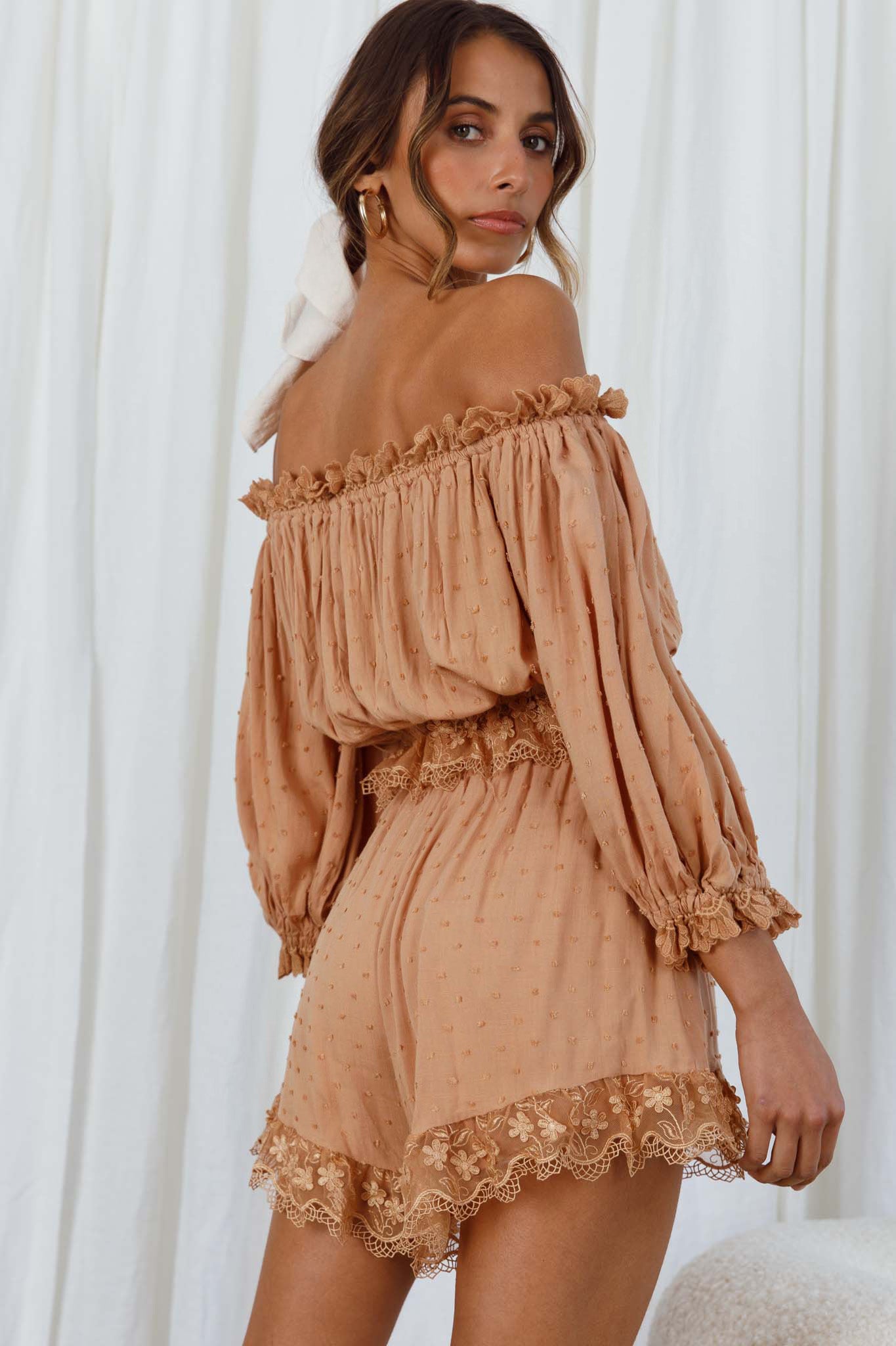 Romilly Scalloped Lace Trim Off-Shoulder Top Tan by Selfie Leslie