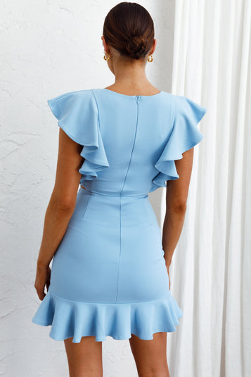 Shop the Cupid's Bow Ruffle Shoulder Bodycon Dress Baby Blue | Selfie ...