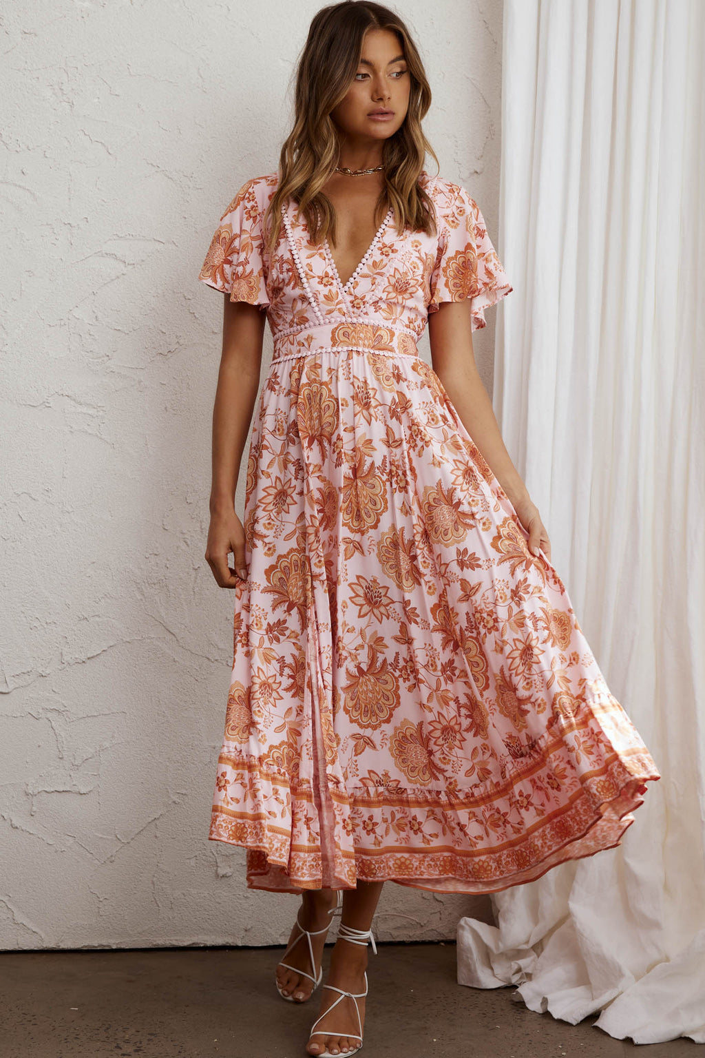 Kailee Short Sleeve Midi Dress Pink/Orange by Selfie Leslie