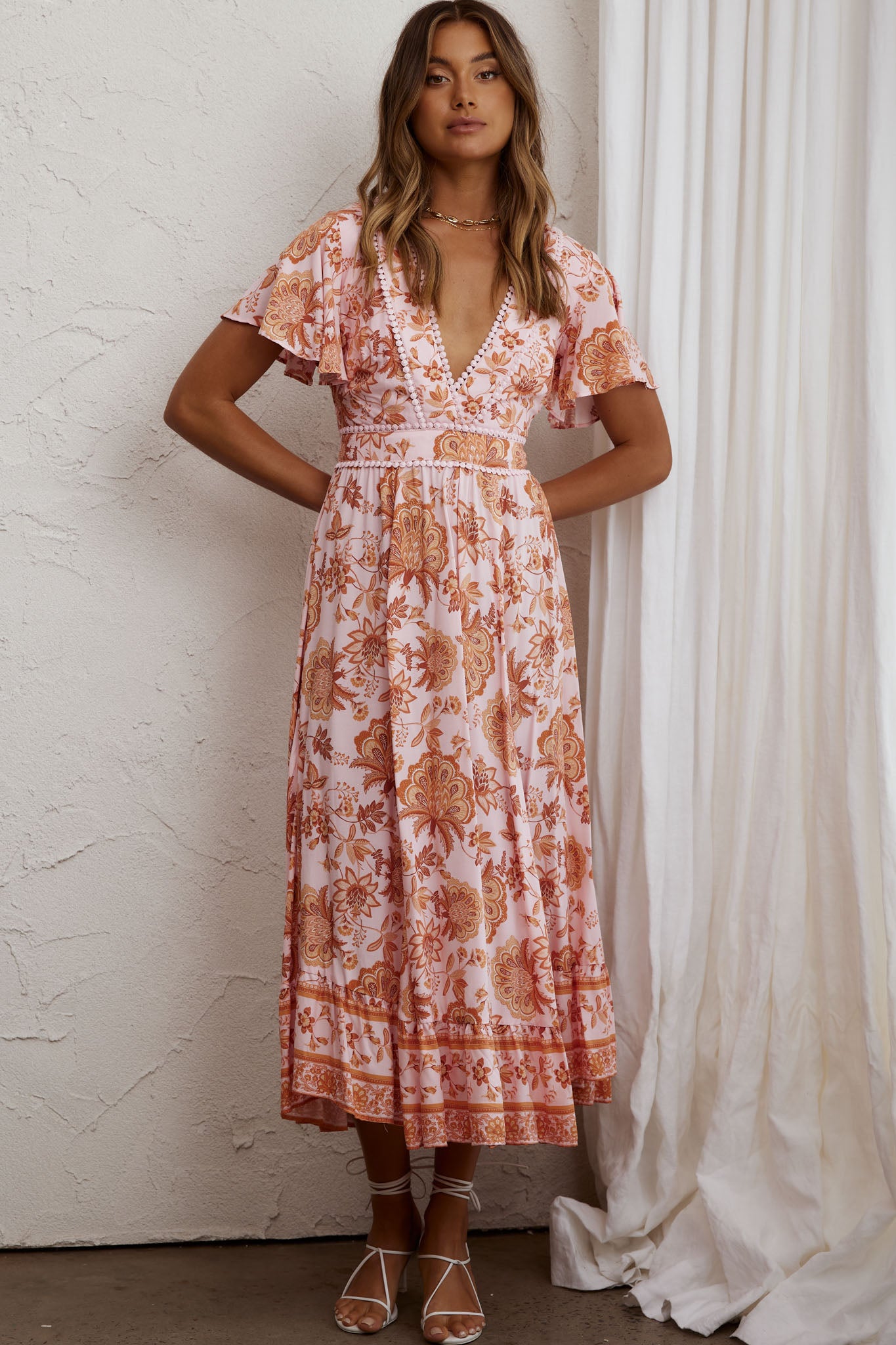 Kailee Short Sleeve Midi Dress Pink/Orange by Selfie Leslie