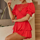 L'amour Lace Mesh Bust Puff Sleeve Romper Red