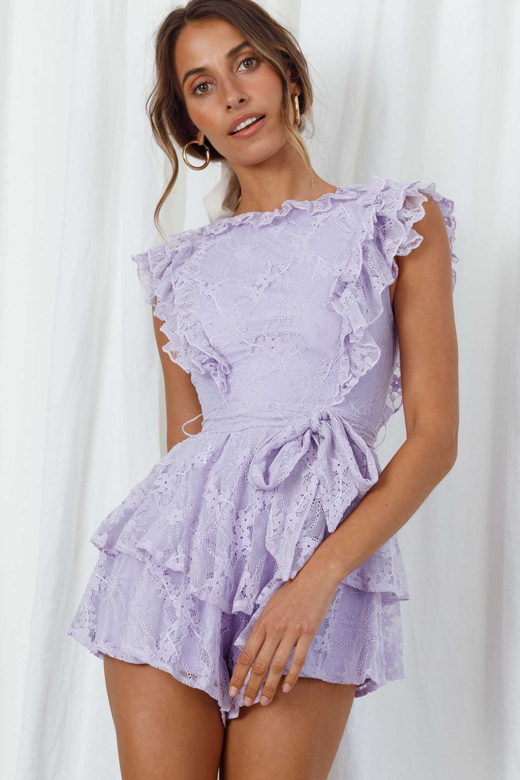 Spring Fling Frill Trim Waist Tie Lace Romper Lilac by Selfie Leslie