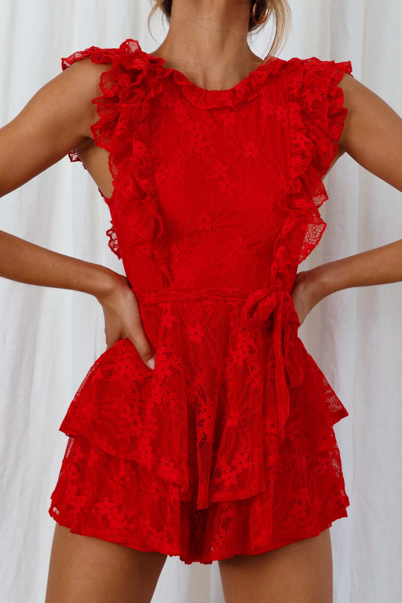 Spring Fling Frill Trim Waist Tie Lace Romper Red by Selfie Leslie