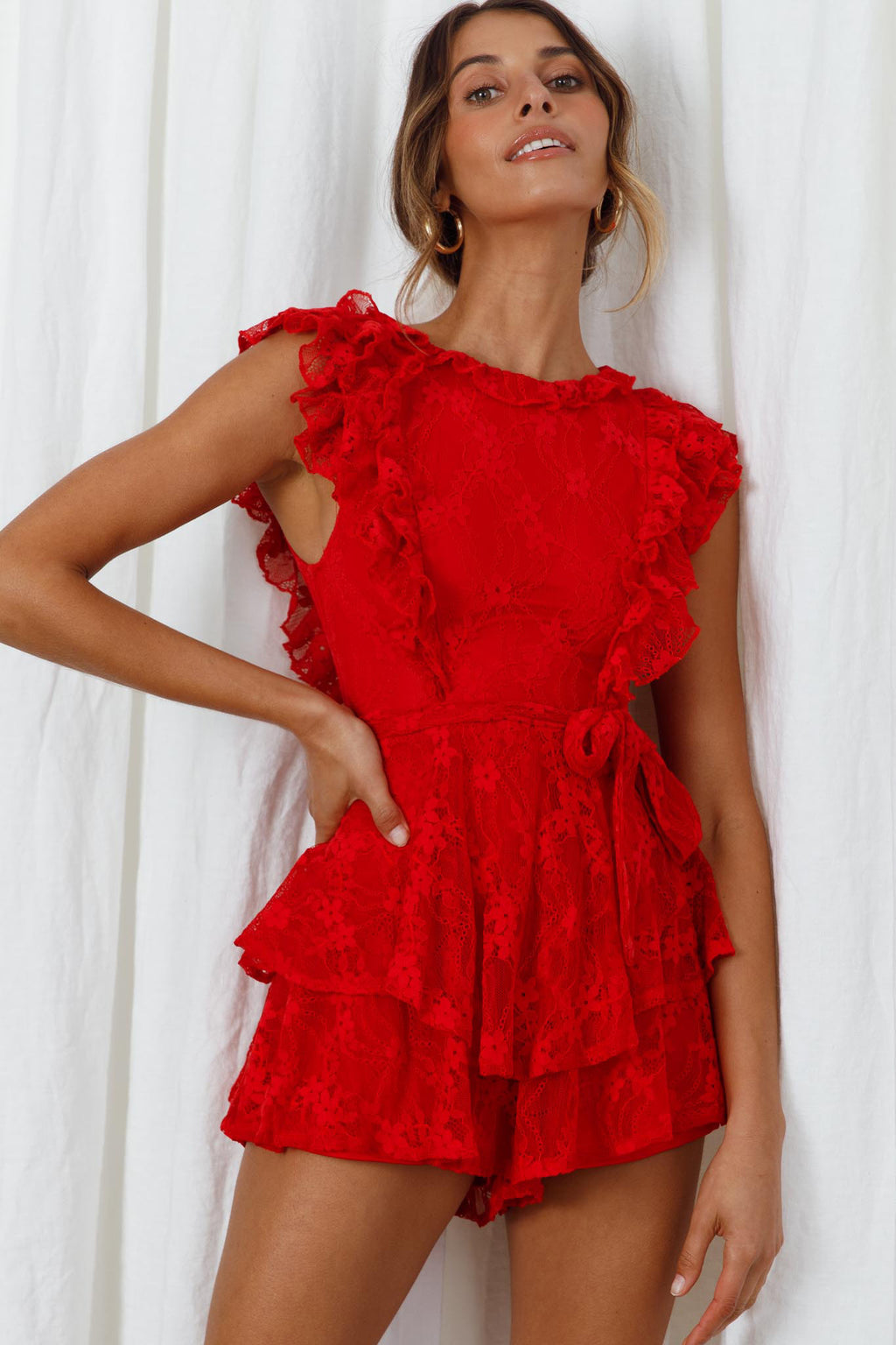 Spring Fling Frill Trim Waist Tie Lace Romper Red by Selfie Leslie