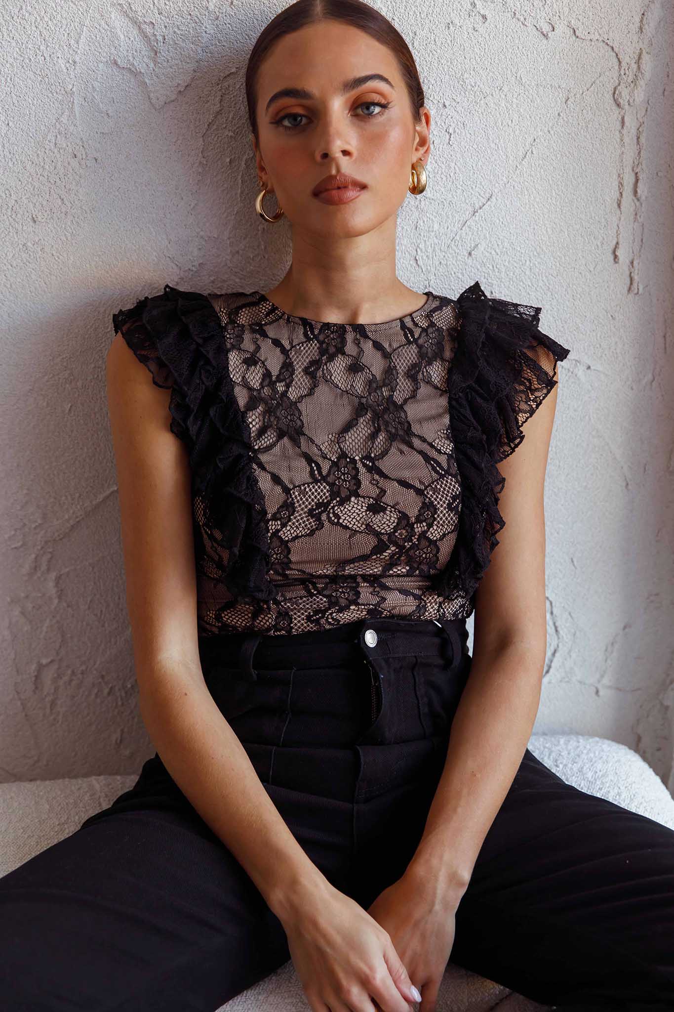 Spring Fling Frill Trim Lace Bodysuit Black by Selfie Leslie