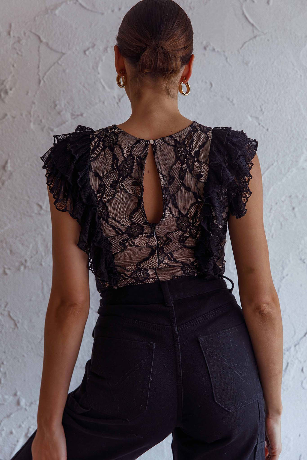Spring Fling Frill Trim Lace Bodysuit Black by Selfie Leslie