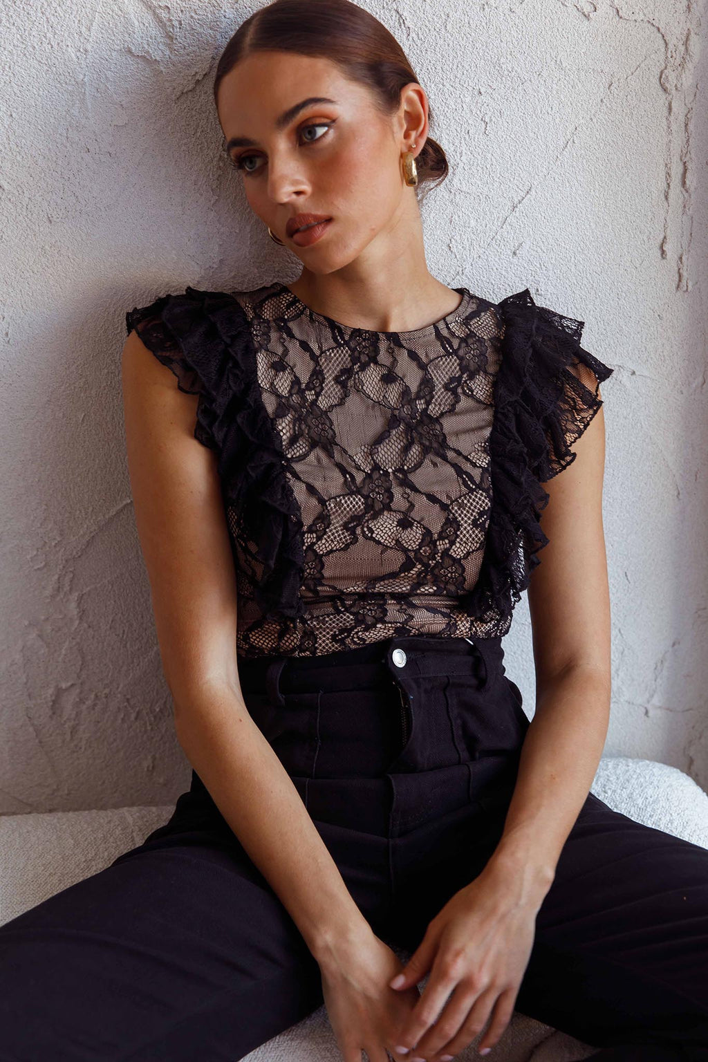 Spring Fling Frill Trim Lace Bodysuit Black by Selfie Leslie