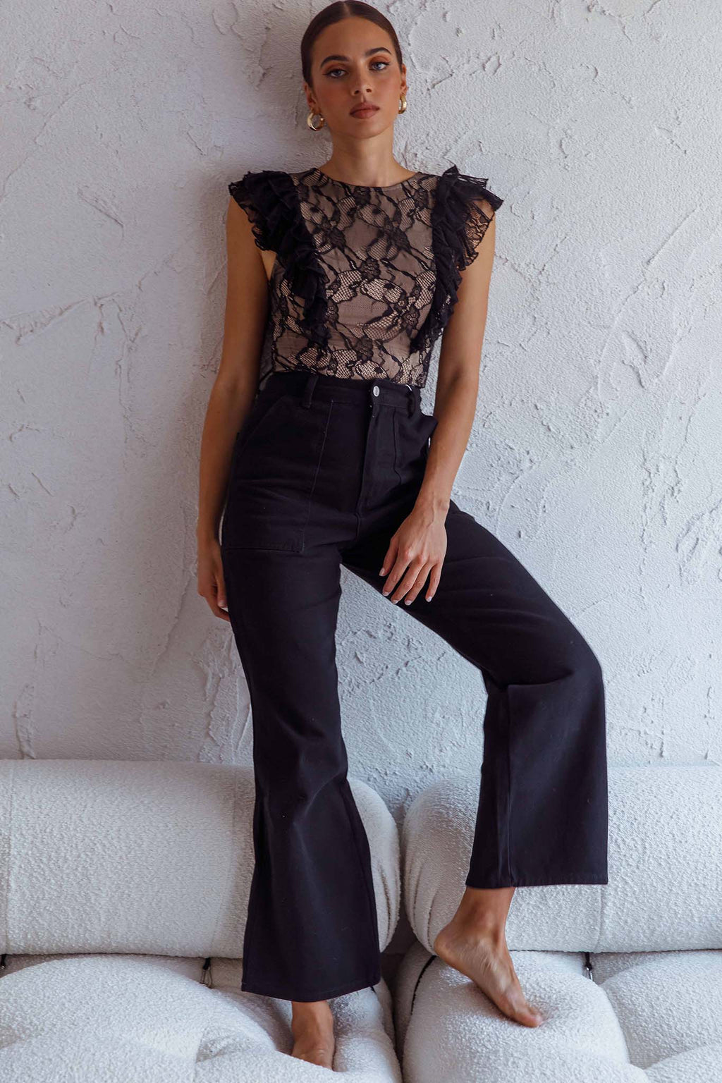 Spring Fling Frill Trim Lace Bodysuit Black by Selfie Leslie