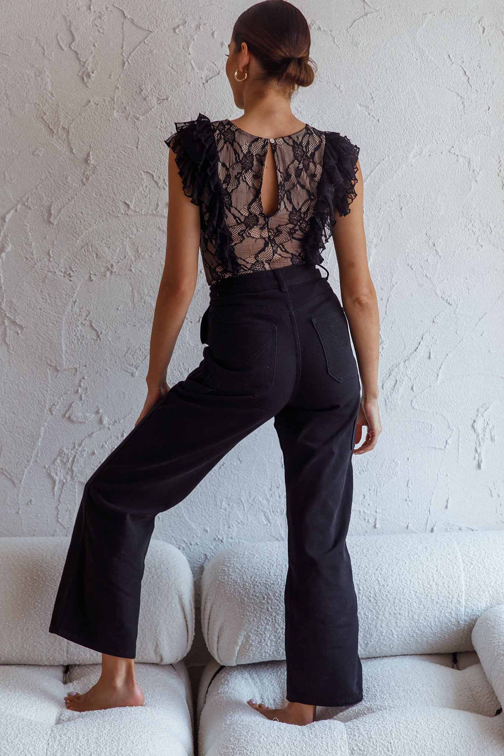 Spring Fling Frill Trim Lace Bodysuit Black by Selfie Leslie