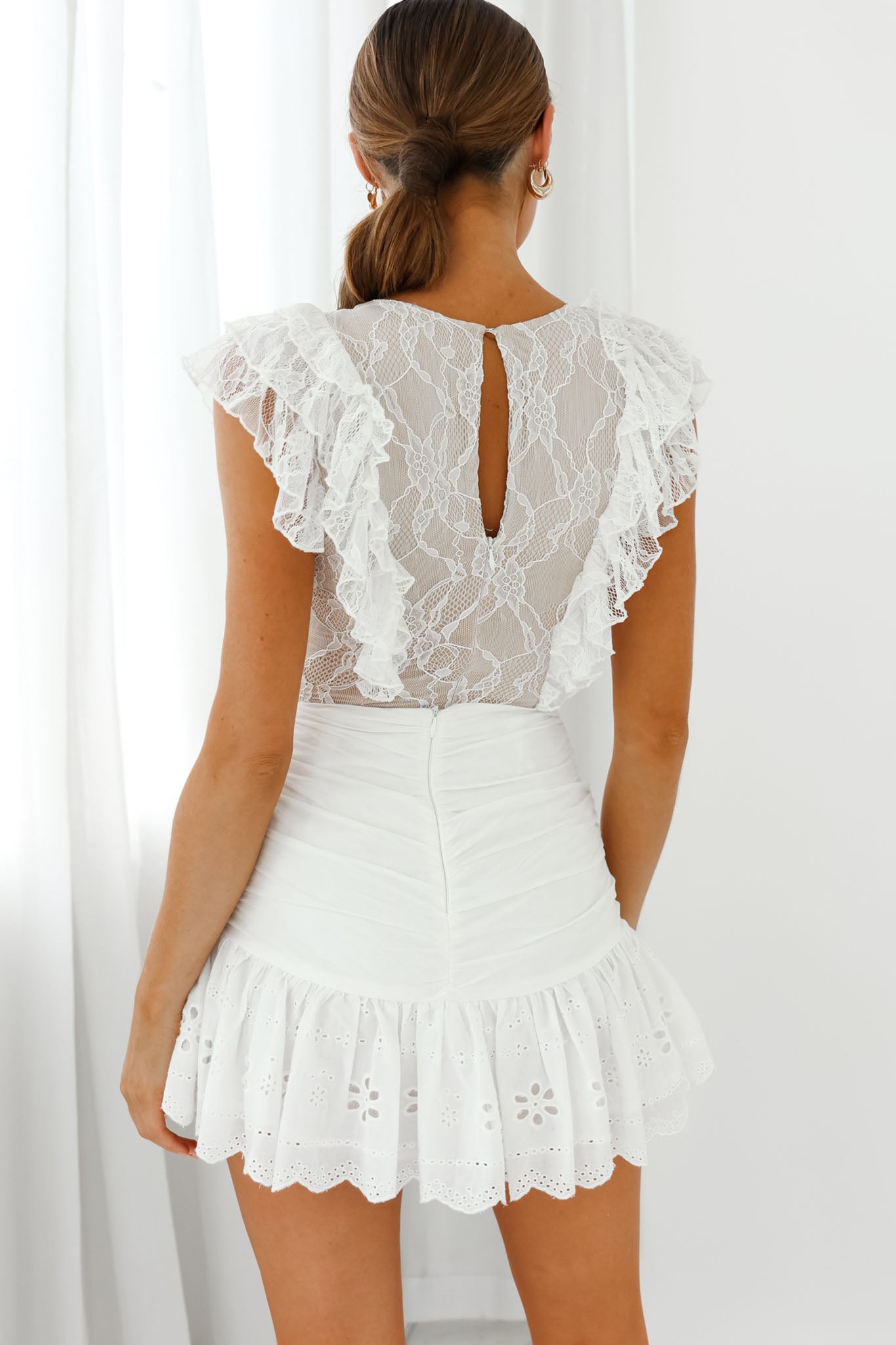 Spring Fling Frill Trim Lace Bodysuit White by Selfie Leslie