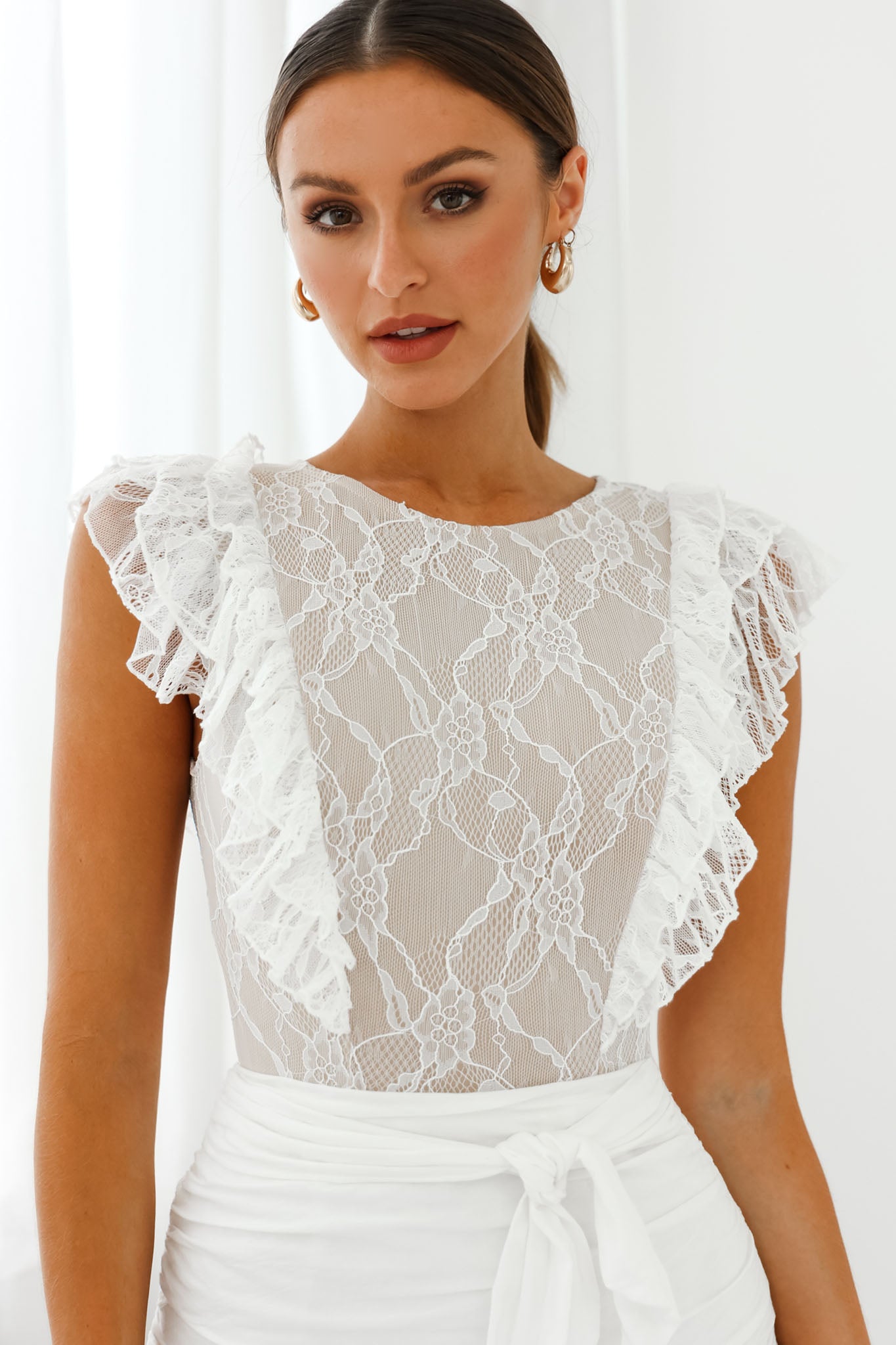 Spring Fling Frill Trim Lace Bodysuit White by Selfie Leslie