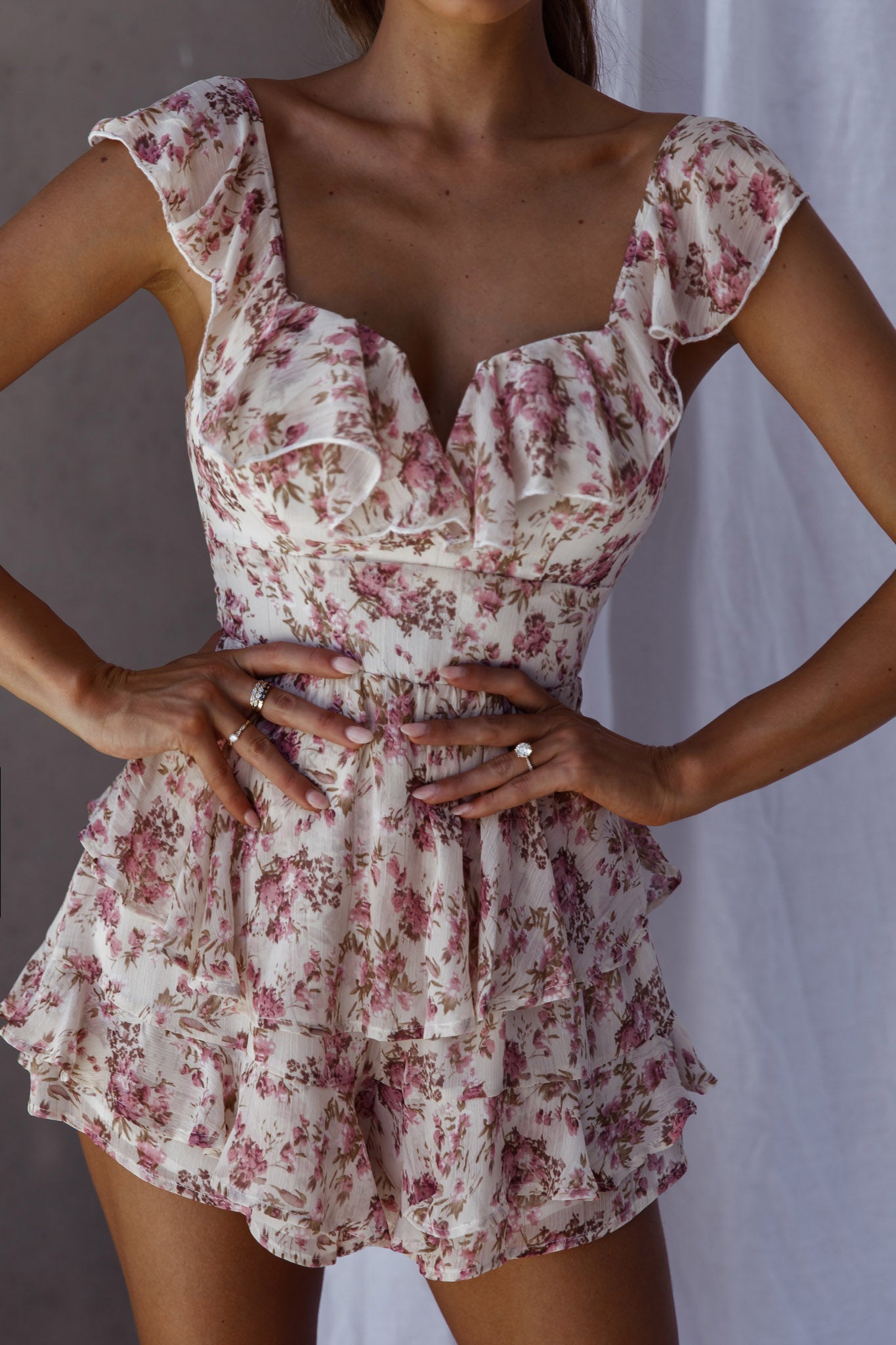 Revel Ruffle Trim Tied Back Romper Floral Pink by Selfie Leslie