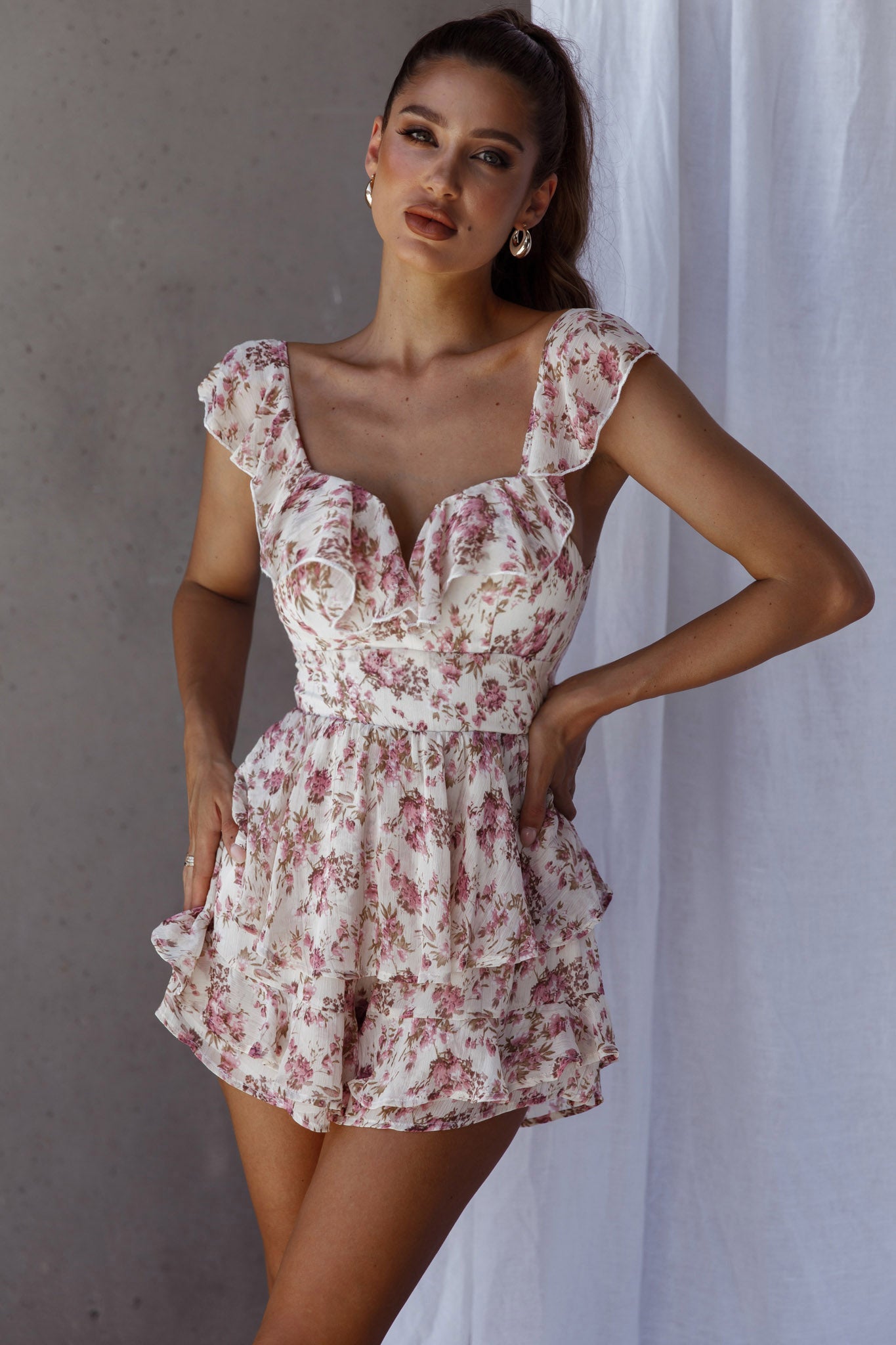 Revel Ruffle Trim Tied Back Romper Floral Pink by Selfie Leslie